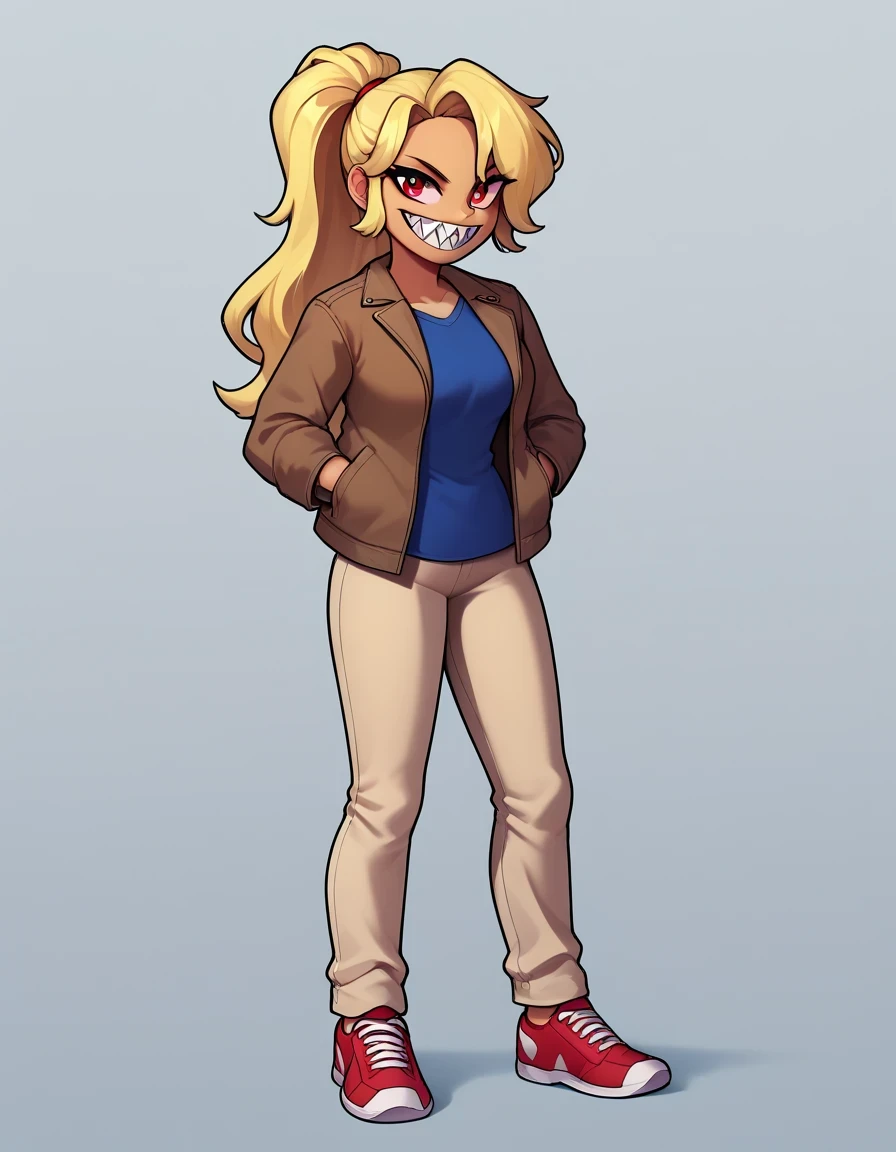 LilithEXE, 1girl, long hair, blonde hair, shirt, red eyes, long sleeves, jacket, ponytail, shoes, pants, blue shirt, red footwear, sneakers, brown pants, brown jacket, tan pants, red shoes. solo, full body, smile, sinister grin, sharp teeth