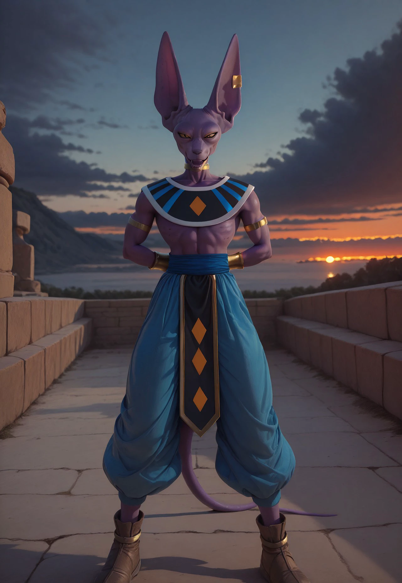 masterpiece, best quality, realistic, beerusdb, solo, full body, 1boy, purple skin, animal ears, piercing, yellow sclera, neck ring, armlet, bracelet, black nails, egyptian clothes, baggy pants, tail, brown footwear, smile, open mouth, teeth, pointing, arm behind back, looking at viewer, BREAK, sunset, outdoors