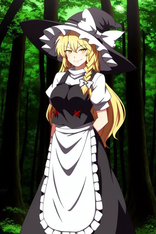 ((ssaf style)), adult, ((Marisa)), ((Marisa Kirisame)), ((touhou)), ((blonde hair)), long hair, witch hat, black hat, white bow, white apron, ((solo)), yellow, eyes, black clothes, black long skirt, 1girl, looking at viewer, posing, smirk, ((forest background)), day time.