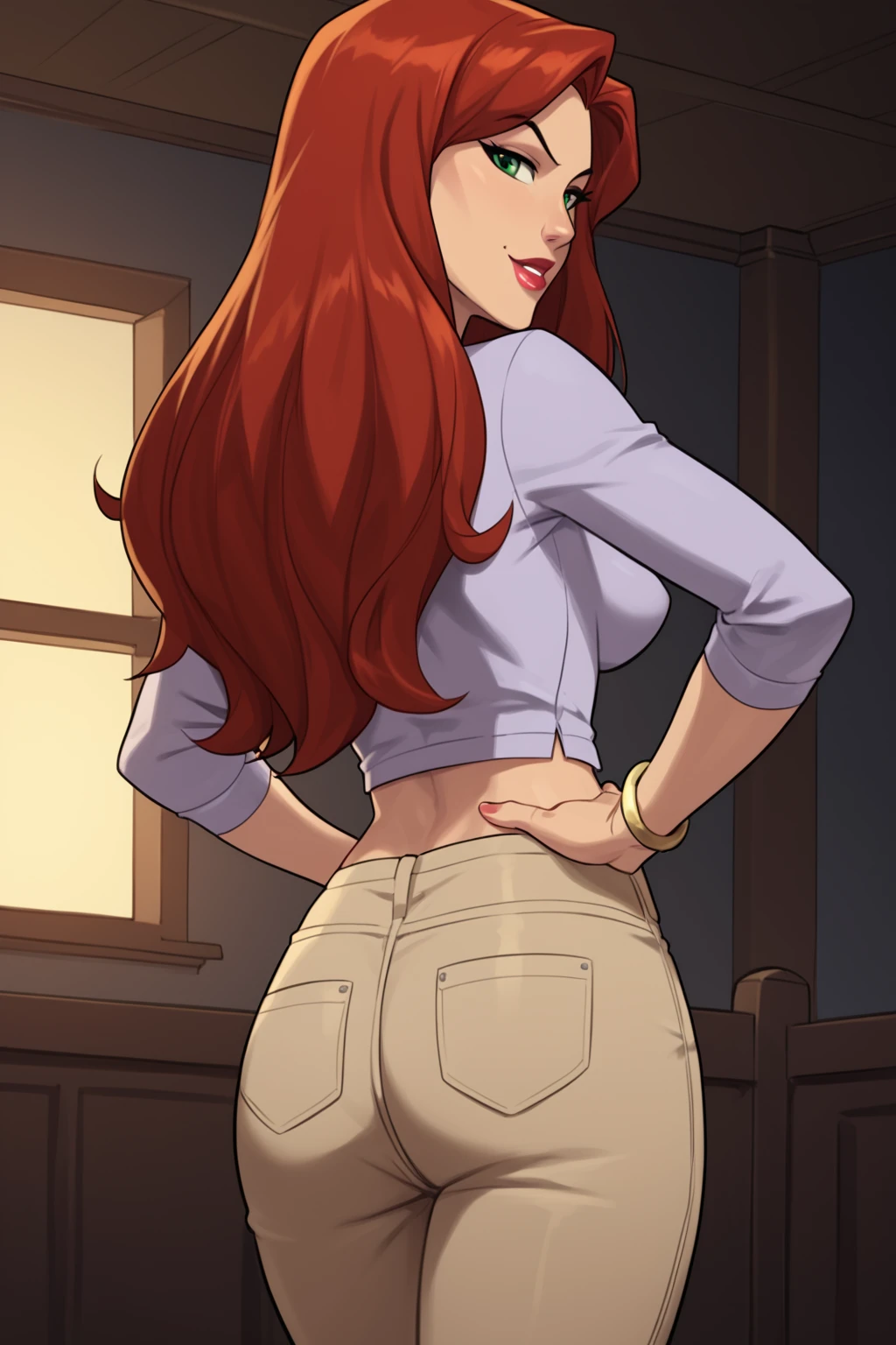 PonyXLV6_Scores BREAK (perfect anatomy, perfect eyes, cowboy shot) BREAK <lora:Jean_Grey:0.8> jean grey, long hair, red hair, green eyes, lipstick, flirting, raised eyebrow, ((looking back at viewer)), midriff, jewelry, bracelet, pants, large breasts, curvy, toned, athletic, sexually suggestive, standing, hands on hip, indoors