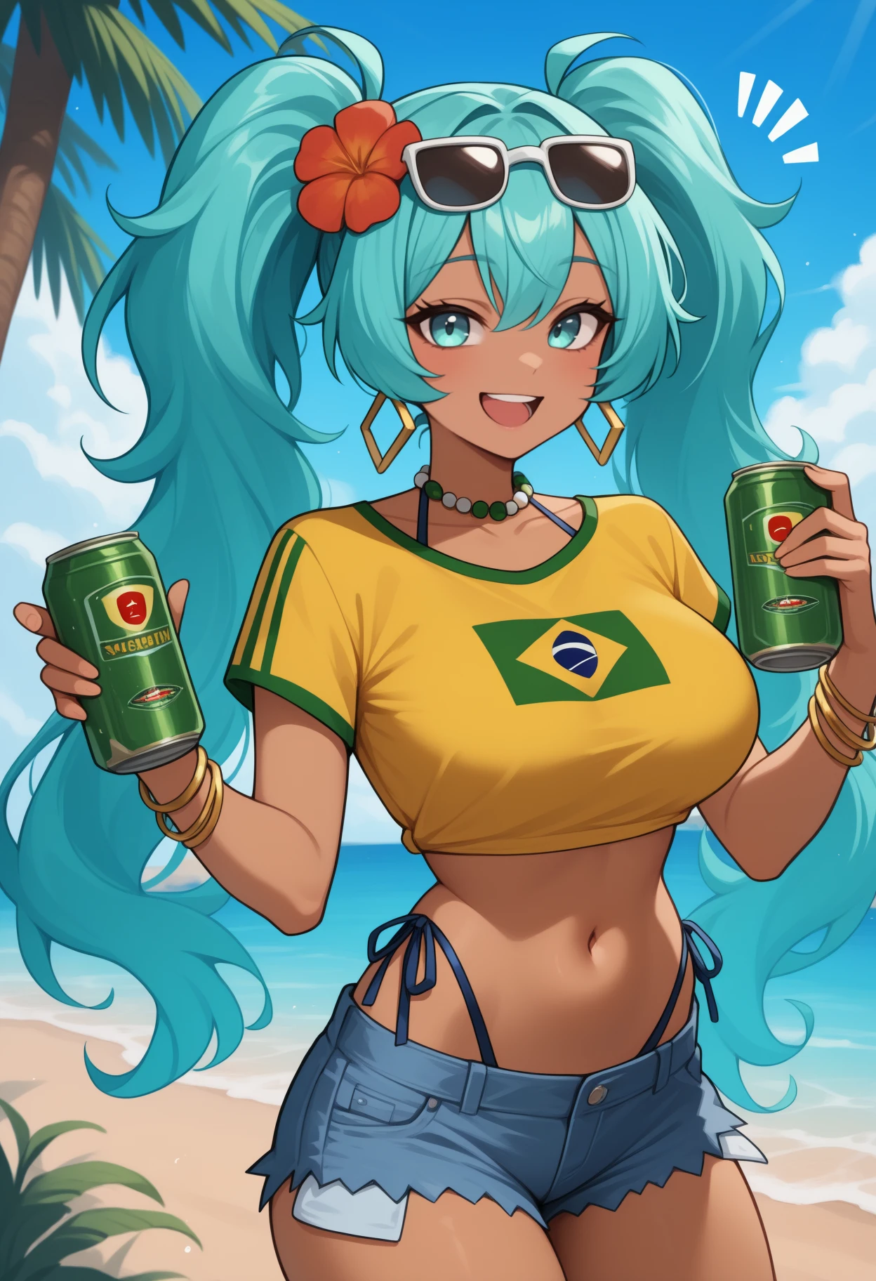 masterpiece, best quality, <break> solo, 1girl, brazilianmiku, dark-skinned female, :d, teeth, looking at viewer, standing, holding can, beer can, notice lines, aqua hair, twintails, hair flower, sunglasses, eyewear on head, aqua eyes, yellow shirt, cropped shirt, print shirt, brazilian flag print, short sleeves, blue shorts, denim shorts, short shorts, cutoffs, bikini under clothes, highleg bikini, side-tie bikini bottom, beads, hoop earrings, bead necklace, bracelet, collarbone, midriff, navel, large breasts, outdoors, blue sky, cloud, beach, ocean, palm tree
<segment:yolo-Anzhc Face seg 640 v2 y8n.pt,0.4,0.5//cid=1>