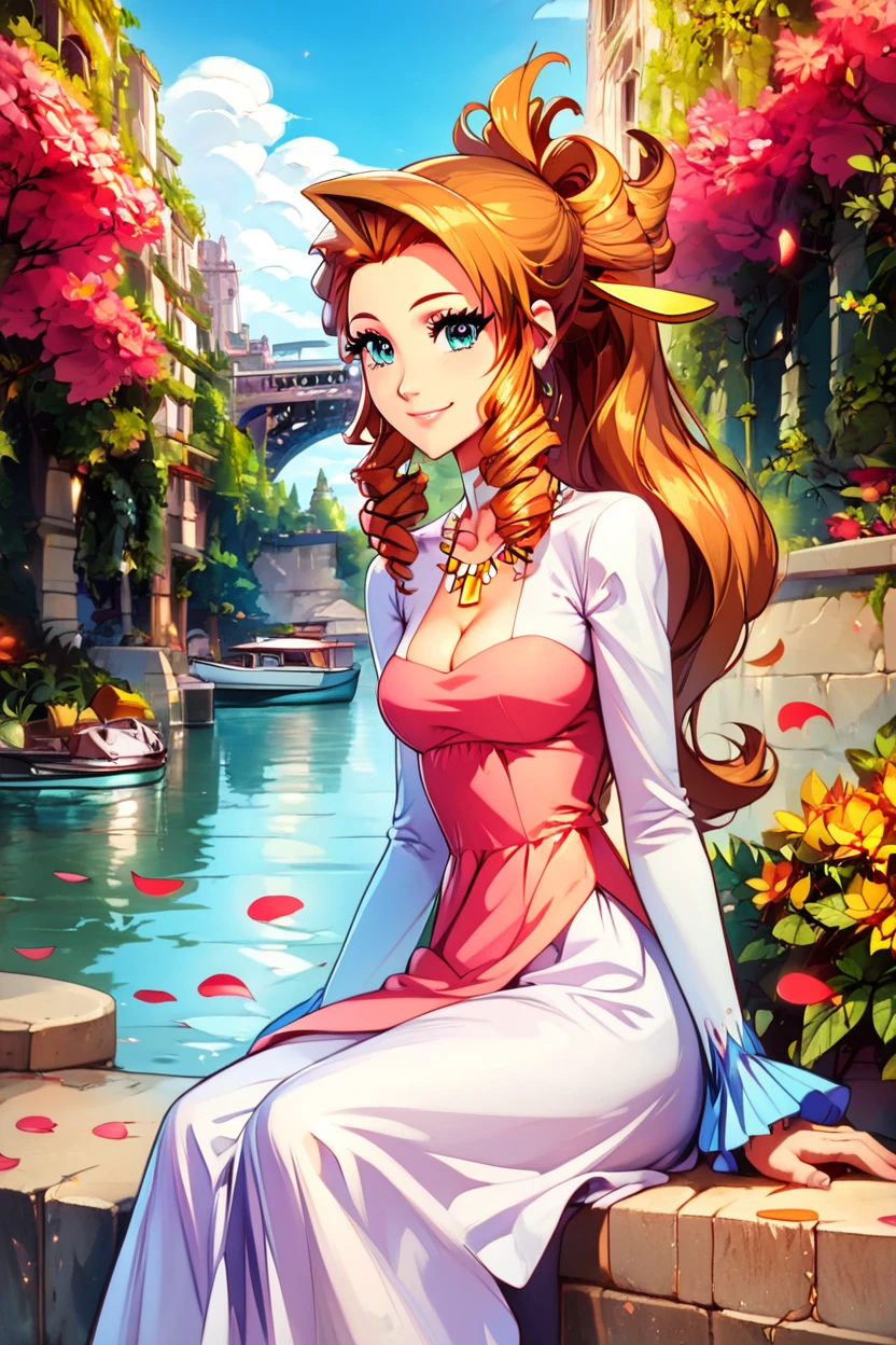 score_9, score_8_up, score_8, medium breasts, (curvy), cute, eyelashes,       ,,, , zzFlora, brown hair, drill hair, cleavage, dress, hair ornament, jewelry, ponytail, necklace, <lora:FloraNanadanTenchi_PDXL:1.0>,,,, BREAK, zzEiffelTower in background, sitting, watercraft, boat, sitting on wall, side view, looking at viewer, smile, ,,, BREAK, blooming stars, luminescent petals, otherworldly fragrance blurry background, ,,, embedding:zPDXL, Expressiveh, ,,, <lora:EiffelTowerPDXL:1.0>, <lora:CatalystStylePDXL:0.6>, <lora:SDXLFaeTastic2400:0.5>, <lora:Expressive_H-000001:0.4>,