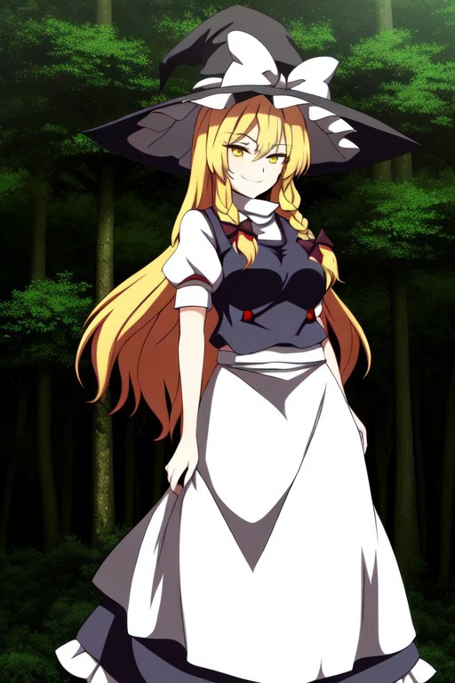 ((ssaf style)), adult, ((Marisa)), ((Marisa Kirisame)), ((touhou)), ((blonde hair)), long hair, witch hat, black hat, white bow, white apron, ((solo)), yellow, eyes, black clothes, black long skirt, 1girl, looking at viewer, posing, smirk, ((forest background)), day time.