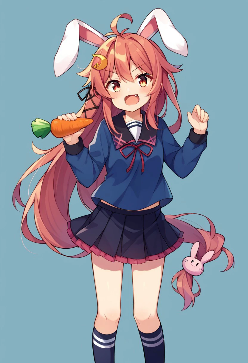 score_9, score_8, score_7, source_anime, uzuki (kancolle), blue serafuku, fang, standing, kneehighs, skirt, animal ears, rabbit girl, :d, carrot hair ornament