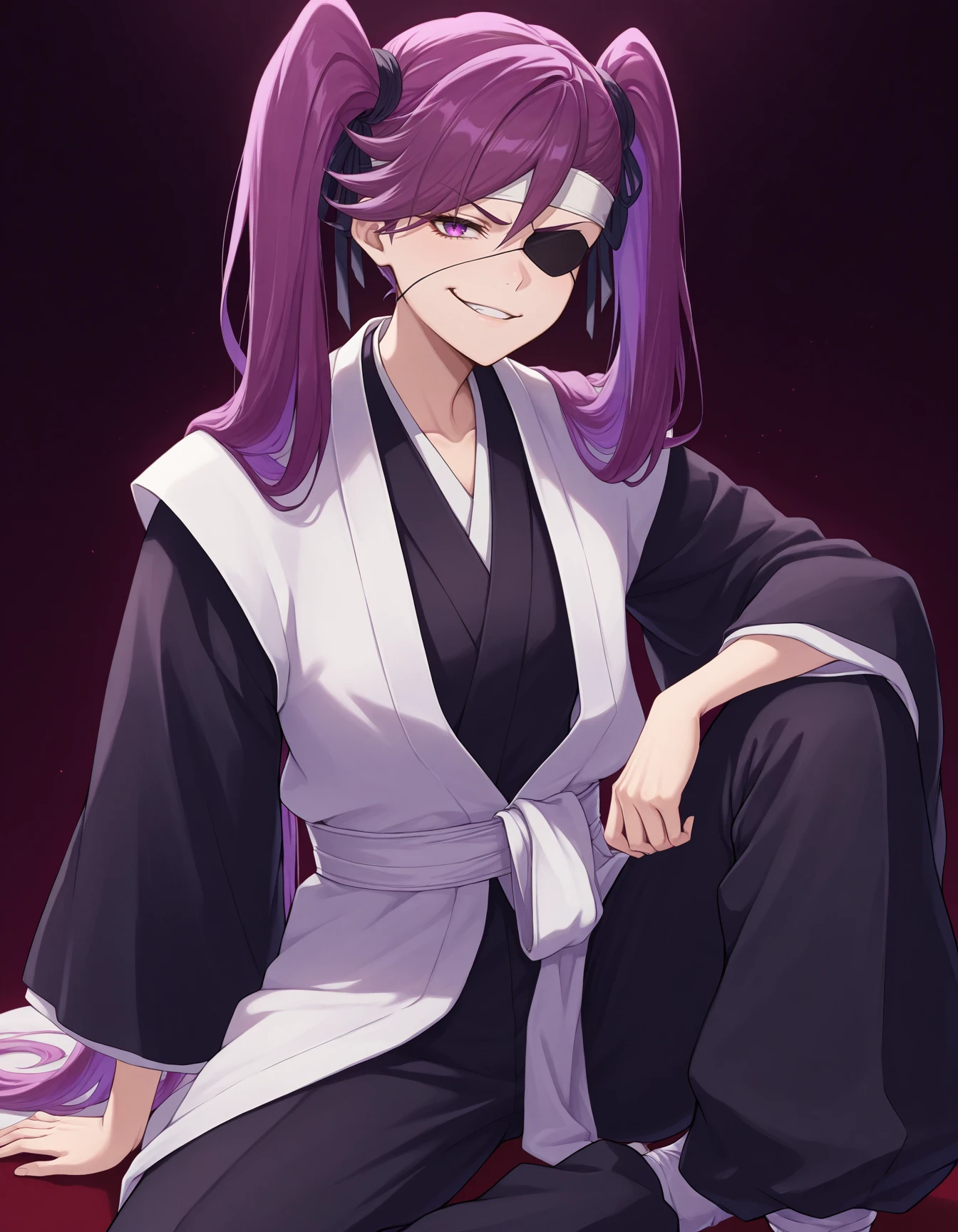 <lora:Saito_Test:1>
eyepatch, twintails, long hair, purple hair, purple eyes,
japanese clothes, haori, sash, black sleeves, wide sleeves, black pants, headband, 
sitting, one knee up, smirk, 
dark background, masterpiece, best quality