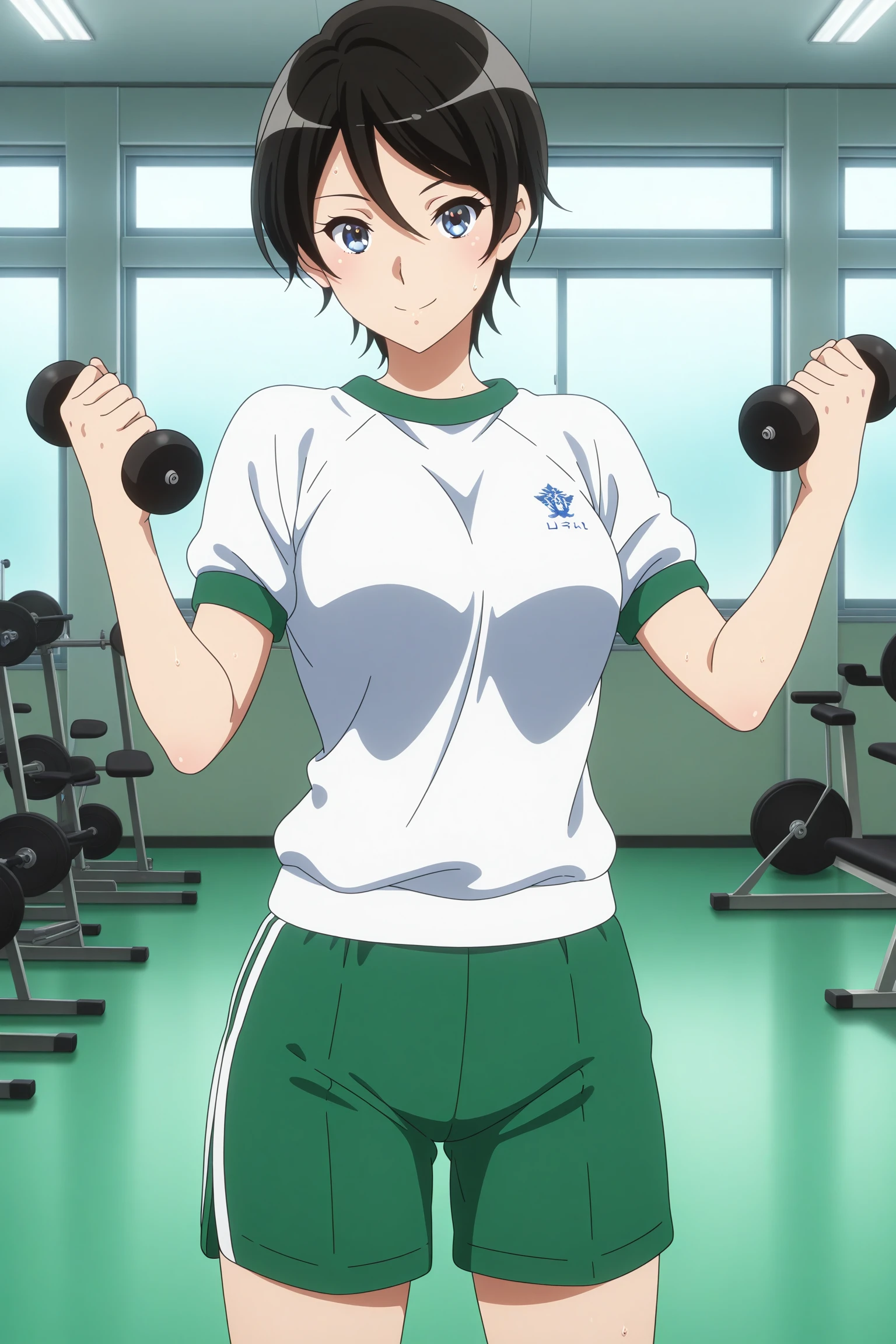 masterpiece, best quality, amazing quality, highres, absurdres, very aesthetic, high resolution, ultra detailed, perfect details, 1girl, solo, indoors, gym, medium breasts, suzuki mirei, short hair, hair between eyes, blue eyes, gym uniform, white shirt, green pants, short shorts, white kneehighs, sneakers, <lora:Mirei_Suzuki_ILXL:0.8>, (aged up:1.4), (cowboy shot:1.5), looking at viewer, smile, (exercising:1.5), (anime coloring:1.5), (anime screencap:1.5)