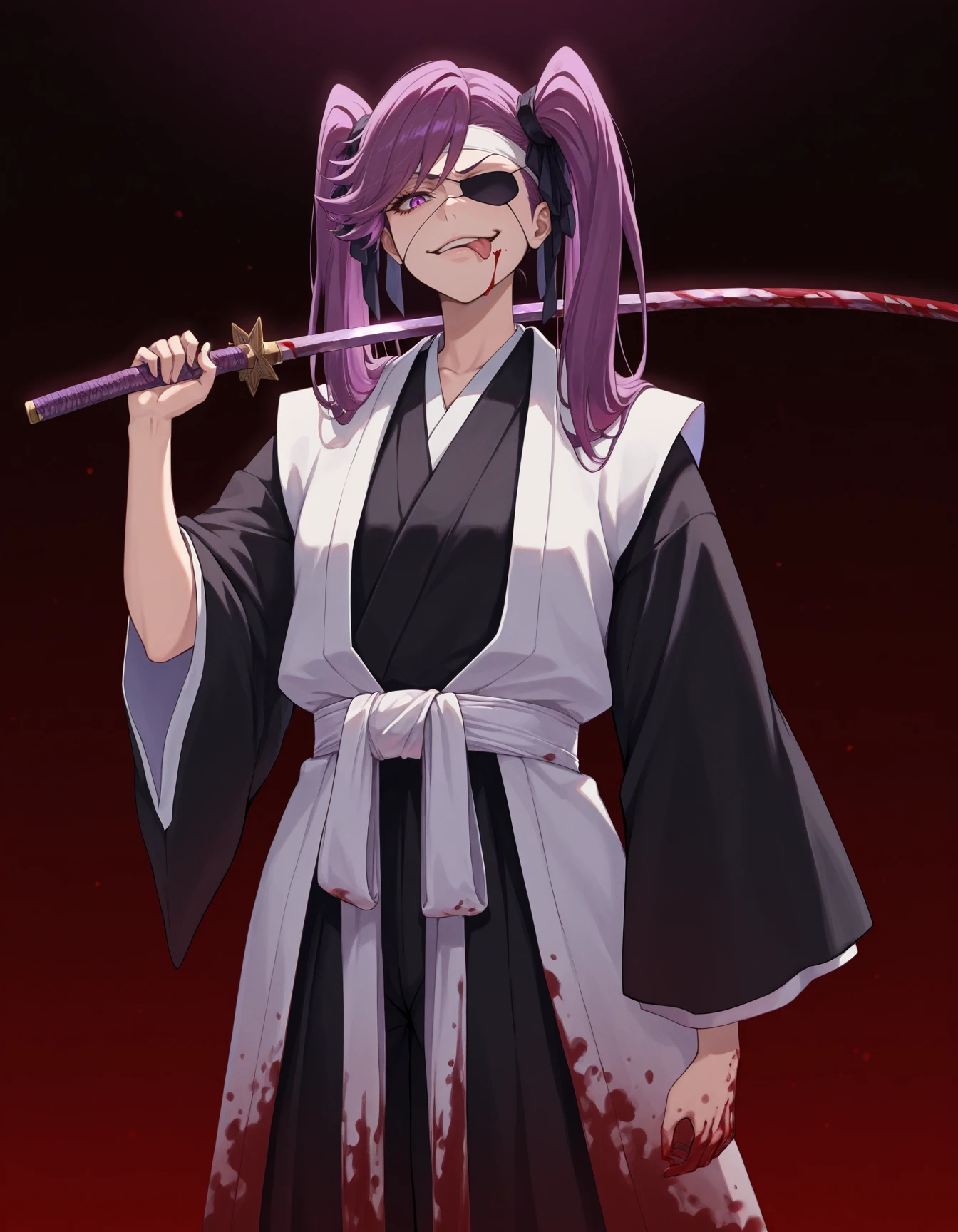 <lora:Saito_Test:1>
eyepatch, twintails, long hair, purple hair, purple eyes,
japanese clothes, haori, sash, black sleeves, wide sleeves, black pants, headband, 
standing, holding katana, weapon over shoulders, 
smirk, tongue out, blood,
dark background, masterpiece, best quality