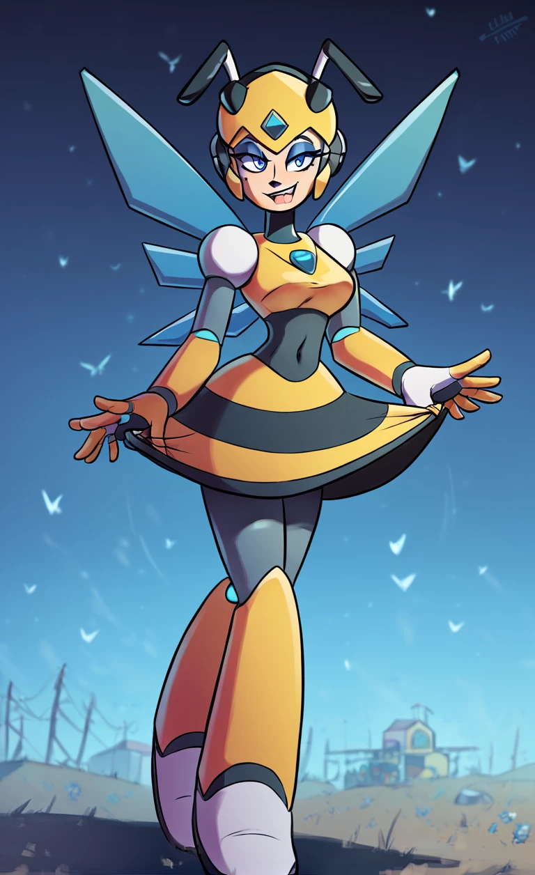 1girl, solo, 
score_6, score_7, score_8, score_9,
masterpiece, best quality, highly detailed,
 <lora:Vesper_Woman_-_Viola:1>, female robot, bee lady, skirt, blue eyes, eyeshadow, wings,
joy,  cybernetic field, futuristic farm,