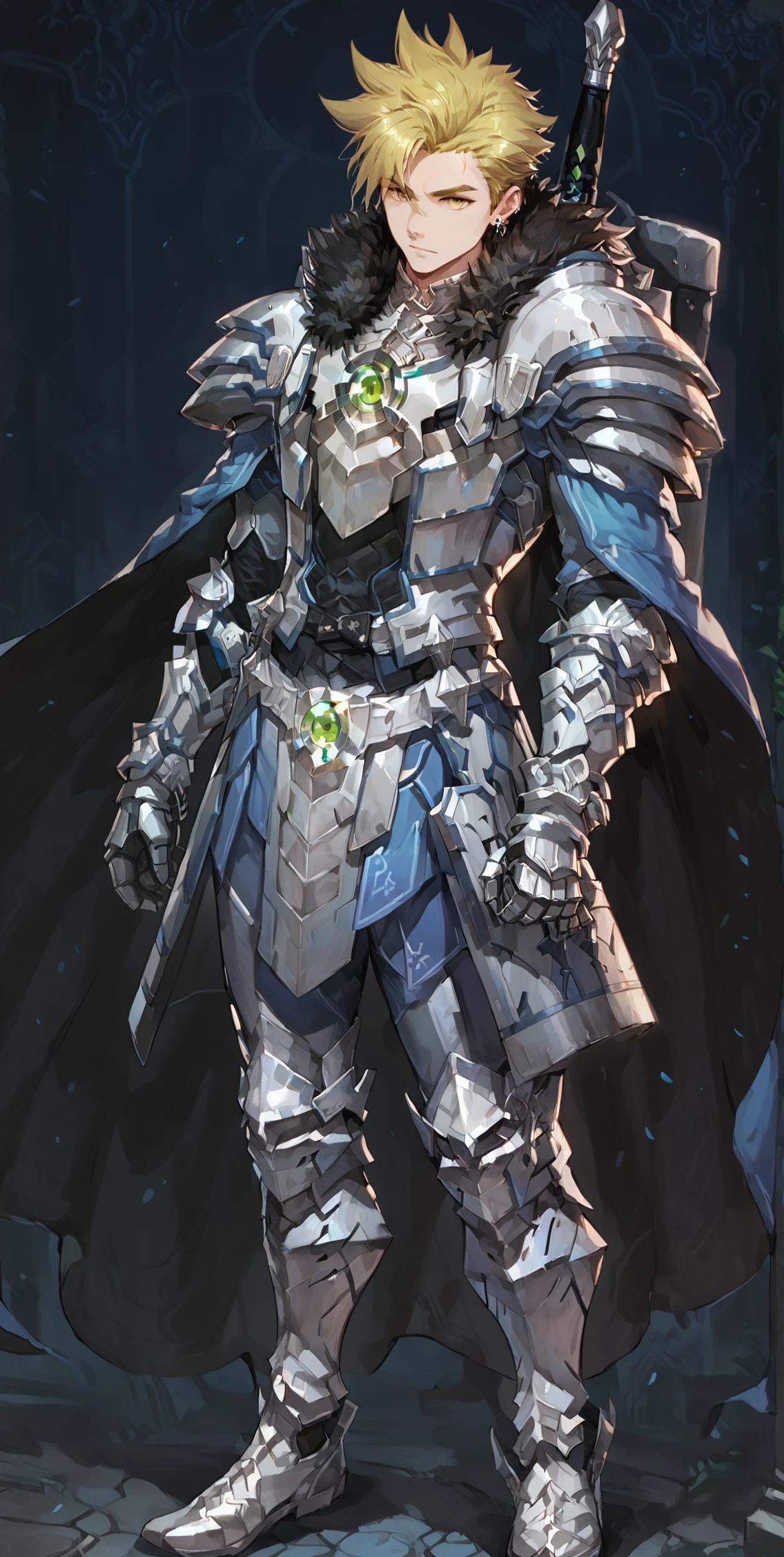 score_9_up, score_8_up, score_7_up, score_6_up, solo, 1boy, solo, krau, male focus, blonde hair, short hair, spiked hair, light skin, silver armor with blue accents, shoulder armor, standing, full body, central green chest armor gem, yellow eyes, sword on back, standing, earring, silver gauntlets, blue cape with black lining, silver armor skirt with blue accents, silver greaves and boots with blue accents, dark fantasy art, grimdark, best_quality, masterpiece, dark cold color scheme, valorant style, dvs, head down, <lora:sxz-valorant-smol-v2-pdxl:0.2> <lora:Concept Art DarkSide Style LoRA_Pony XL v6:0.9> <lora:Krau_-_Epic_Seven:0.9>