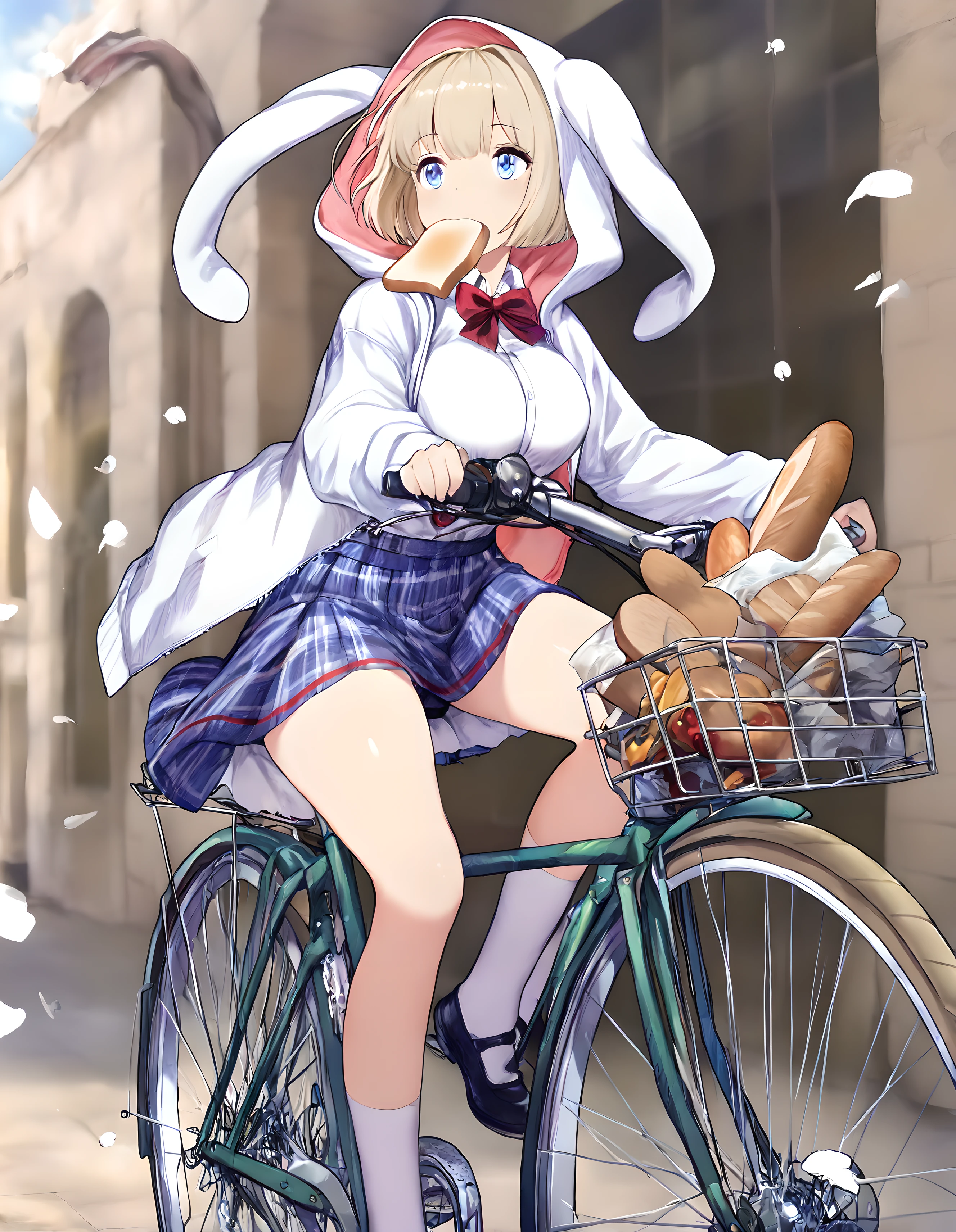 <lora:illustrious_XL_Justia:0.9>,Justia,masterpiece,best quality,good quality,1girl,solo,rabbit hood,school uniform,hoodie,long sleeves,bowtie,white shirt,blue skirt,plaid skirt,white socks,black footwear,shoes,bicycle,riding,bicycle basket,bag,food,bread,mouth hold,toast in mouth,in spring,day,