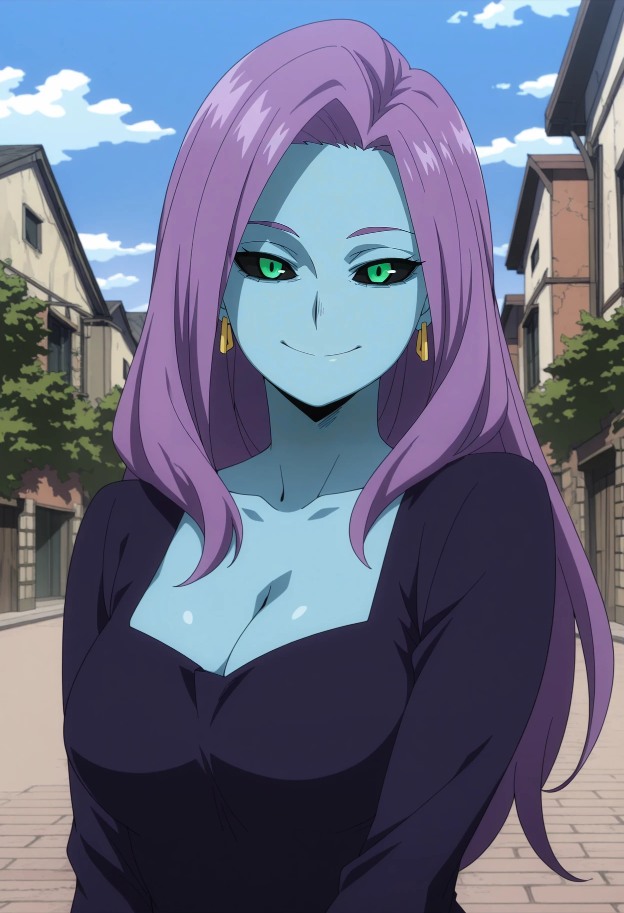 1girl,solo,mm,mature female,colored skin,purple hair,green eyes,long hair,colored sclera,blue skin,earrings,anime coloring,
dress,cleavage,upper body, looking at viewer, smile,outdoors
,masterpiece,best quality,amazing quality,<lora:Curious-My_Hero_Academia:0.8>