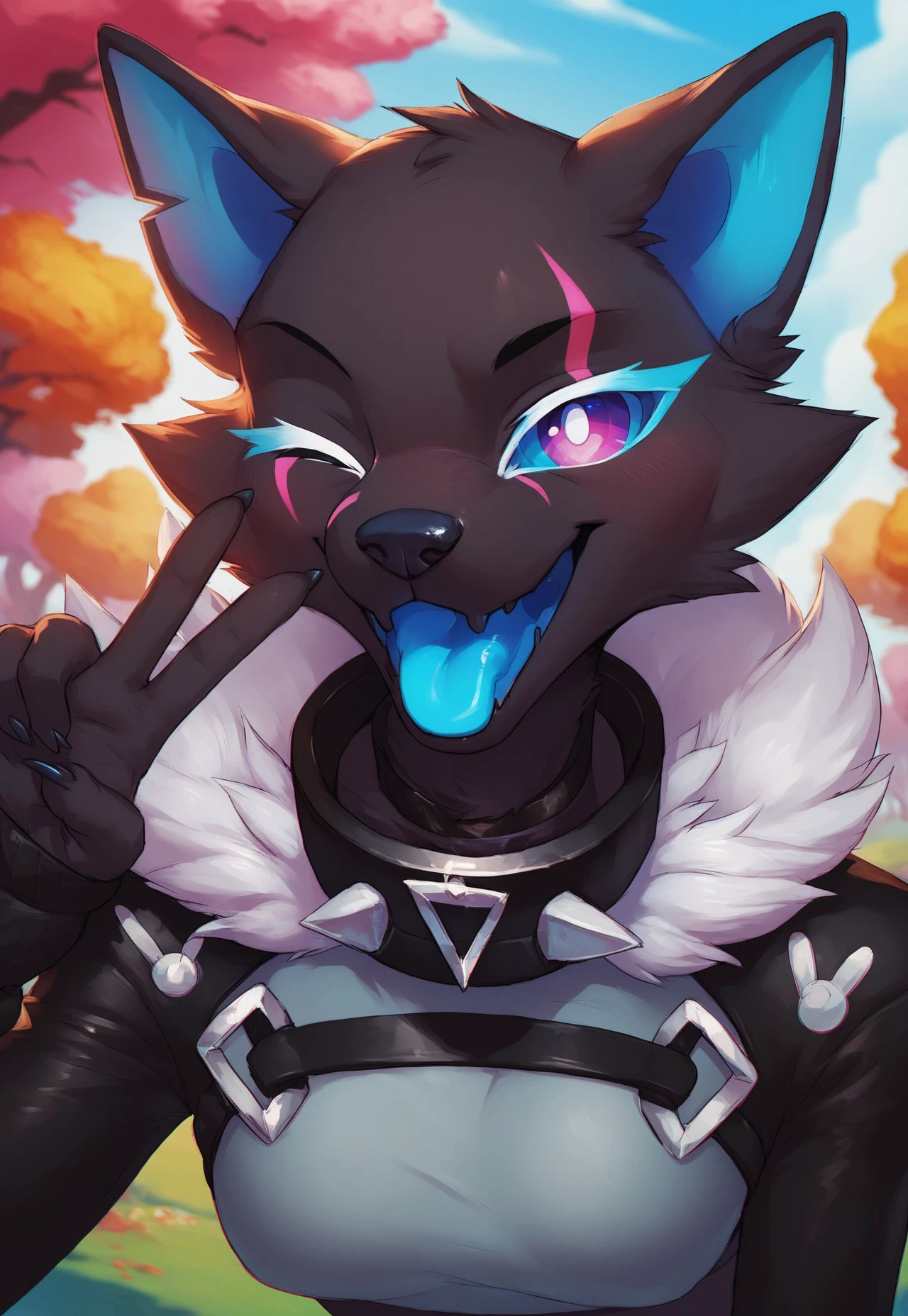 score_9, score_8_up, depth of field, chromatic aberration, 3/4 angle, 1girl, Plhighwirexl, anthro, black fur, purple eyes, blue sclera, animal ears, animal nose, fur tuft, collar, shrug (clothing), straps, one eye closed, tongue out, upper body, looking at viewer, v sign, leaning forward, outdoors, tree, sunset