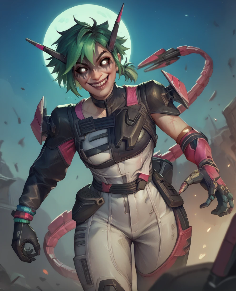 score_9,score_8_up,score_7_up,score_6_up,
alterxl,white eyes,black sclera,green hair,black face paint,short hair,white bodysuit,gloves,clothing cutout,smile,
crazy smile,
low ponytail,pink mechanical tail,mechanical horns,
night,battlefield,
<lora:alterxl-apl12v2:0.9>,