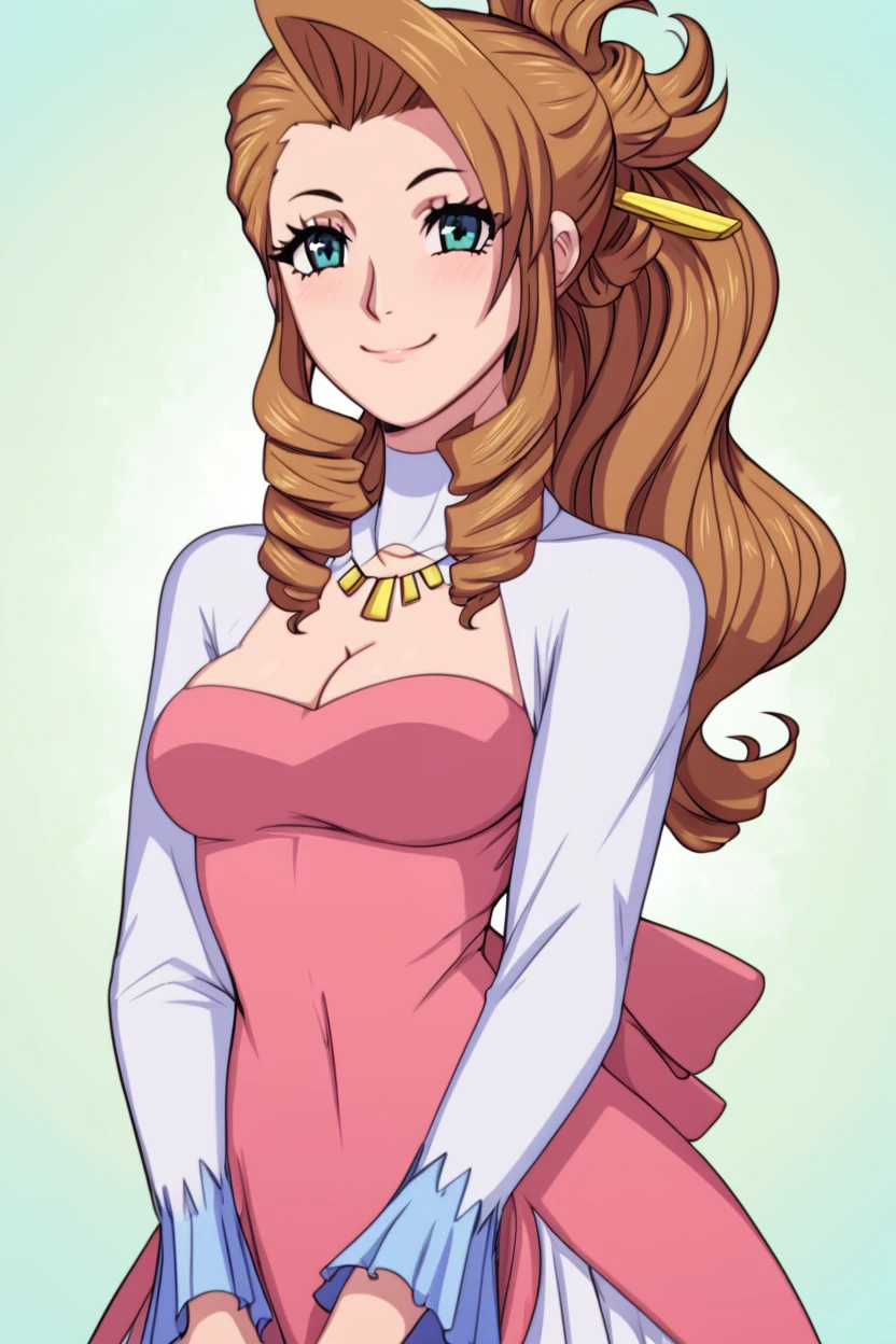 score_9, score_8_up, score_8, medium breasts, (curvy), cute, eyelashes,       ,,, , zzFlora, brown hair, drill hair, cleavage, dress, hair ornament, jewelry, ponytail, necklace, <lora:FloraNanadanTenchi_PDXL:1.0>,,,, BREAK, <lora:Afrobull_PDXL_v5:0.8>,  ,,, BREAK, smile, looking at viewer, closed mouth, cowboy shot,  ,,, embedding:zPDXL, Expressiveh, ,,, <lora:SDXLFaeTastic2400:0.5>, <lora:Expressive_H-000001:0.4>,