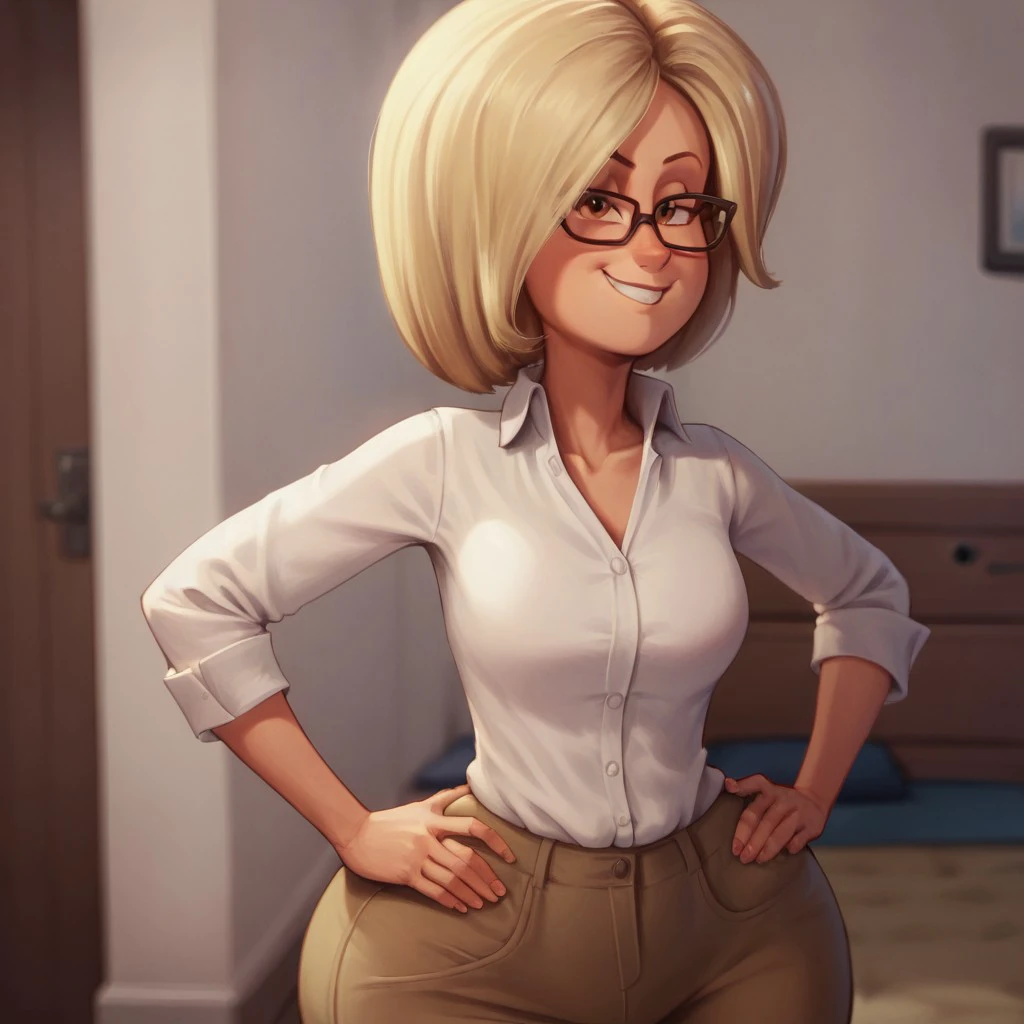 score_9, score_8, score_7, break, solo, linda_ht, 1girl, blonde hair, short hair, glasses, brown eyes, collared shirt, brown pants, wide hips, hands on hips, smirk, seductive, looking at viewer, dining room