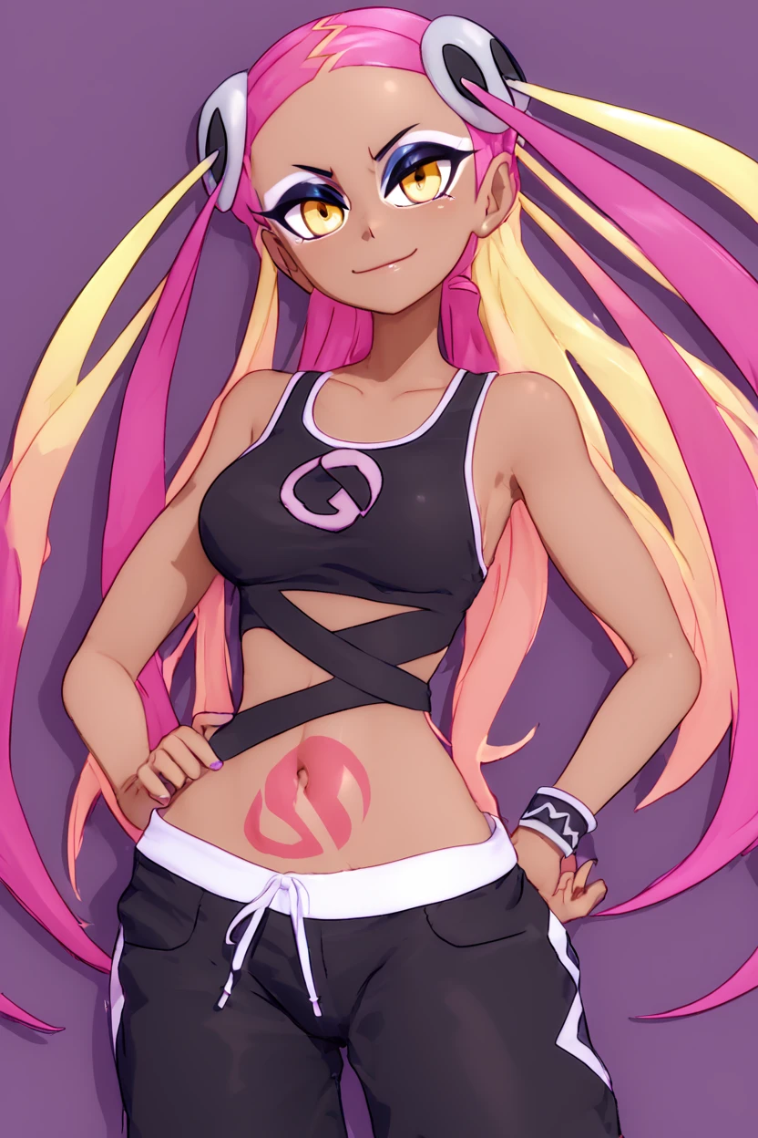 score_9, score_8_up, score_8, medium breasts, (curvy), cute, eyelashes,       ,,, , ,,, zzPlumeria, pink hair, multicolored hair, blonde hair, two-tone hair, long hair, yellow eyes, hair ornament, quad tails, breasts, eyeshadow, skull hair ornament, dark skin, black tank top, eyeshadow, makeup, black pants, baggy pants, tattoo,  <lora:Plumeria_Pokemon_PDXL:1.0>,     ,,,, BREAK, smile, closed mouth, looking at viewer, cowboy shot,  ,,, embedding:zPDXL, Expressiveh, ,,, <lora:MantisStyle_PDXL_v2:0.8>, <lora:SDXLFaeTastic2400:0.5>, <lora:Expressive_H-000001:0.4>,