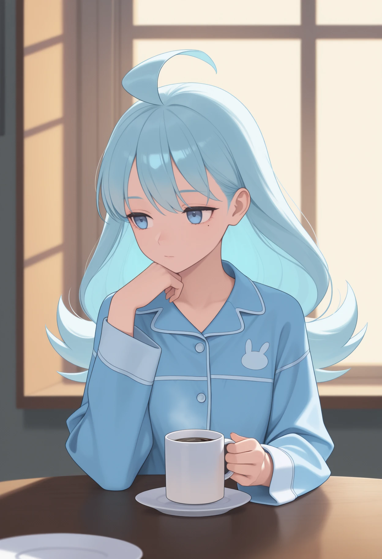 masterpiece, best quality, <break> upper body, solo, 1girl, k4hili, mole under eye, expressionless, looking away, holding coffee mug, long hair, light blue hair, flipped hair, ahoge, blue eyes, pajamas, blue shirt, long sleeves, indoors, table, window, plate
<segment:yolo-Anzhc Face seg 640 v2 y8n.pt,0.4,0.5//cid=1>