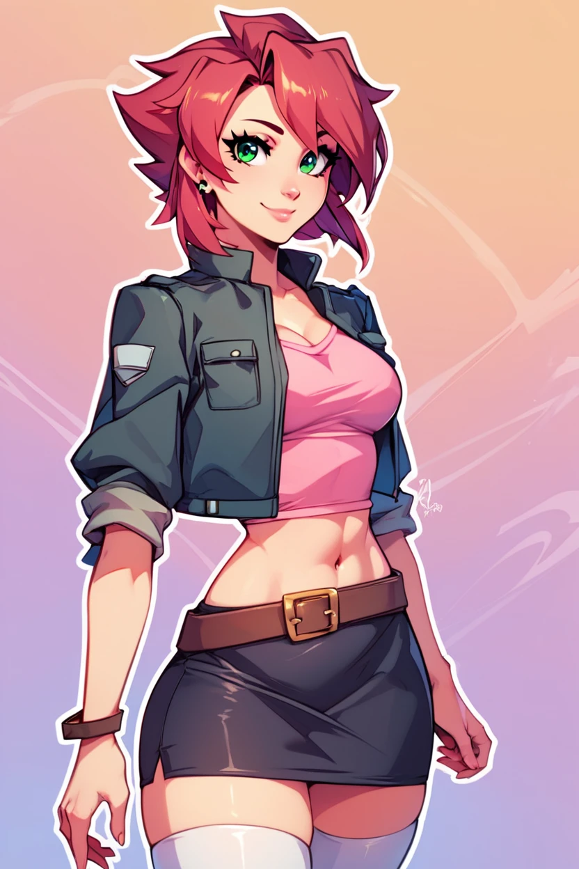 score_9, score_8_up, score_8, medium breasts, (curvy), cute, eyelashes,       ,,, , zzChiaia, 1girl, solo, red hair, short hair, green eyes, pink shirt, black skirt, white thighhighs, jacket, cropped jacket, belt,<lora:ChiaiaFlanTenchi_PDXL:1.0>,,,, BREAK, smile, looking at viewer, ,,, abstract background, white outline, cowboy shot, ,,, embedding:zPDXL, Expressiveh, ,,, <lora:CatalystStylePDXL:0.6>, <lora:SDXLFaeTastic2400:0.5>, <lora:Expressive_H-000001:0.4>,