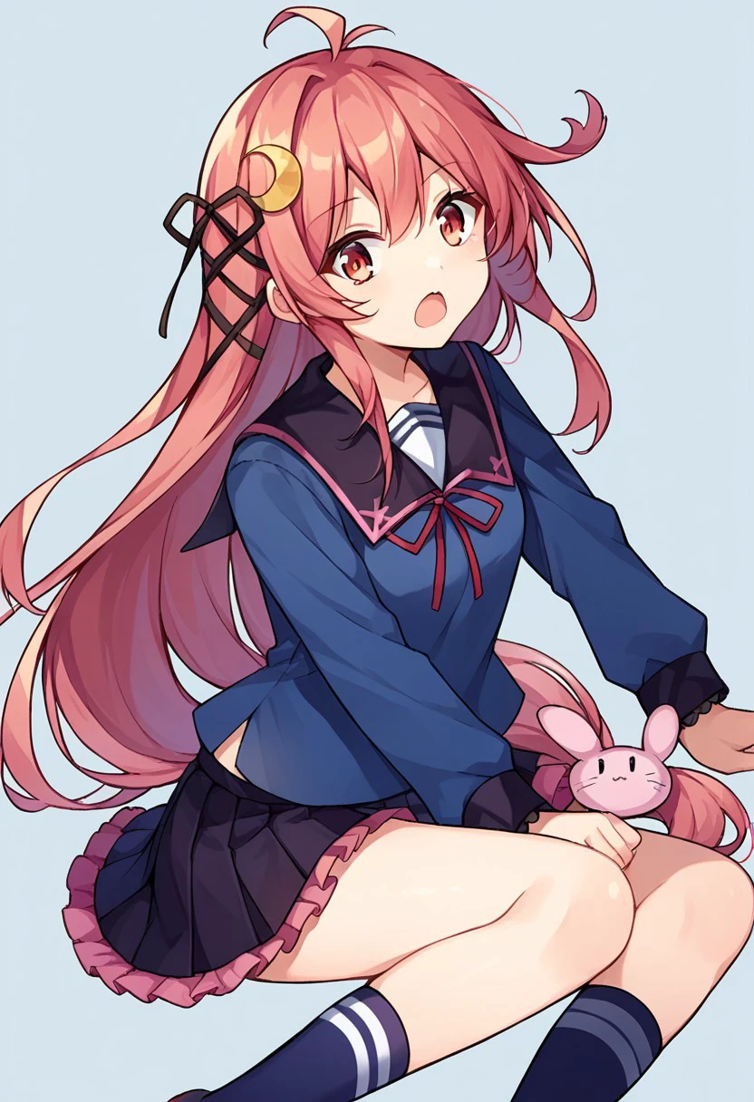 score_9, score_8, score_7, source_anime, uzuki (kancolle), crescent hair ornament, rabbit hair ornament open mouth, ribbon, pleated skirt, shirt, serafuku, sailor collar, frilled skirt, blue shirt, socks