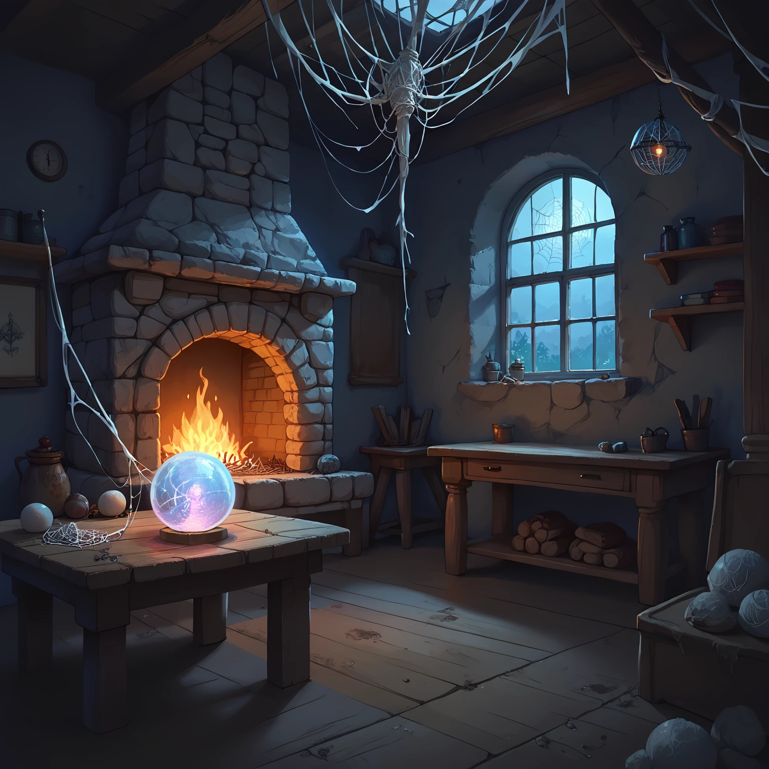 score_9, score_8_up, score_7_up,source_anime, wirob, scenery, no humans, indoors window, moonlight, wooden table, magic ball, magical light, stone fireplace, spider web,  <lora:The_Witchs_Room:0.7>, dark night, <lora:lowlight_1721964122_1721964450_dim32_sv_fro_dp0.92_1721964790_1722820361:1.3>,