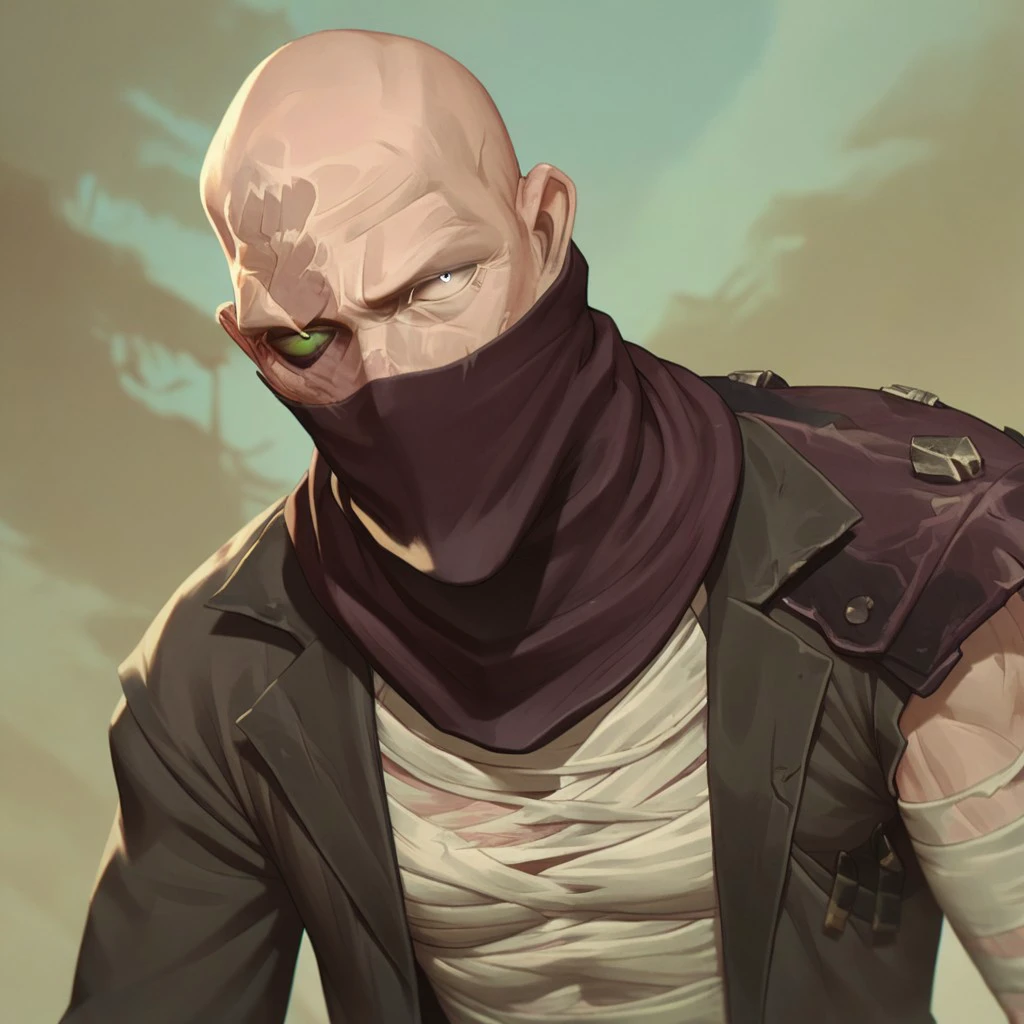 male focus, solo focus, solo, score_9, score_8_up, score_7_up, 1boy, ArcaneSingedV1, heterochromia, bandages, jacket, green eyes, shirt, scar, bald, bandama, mask