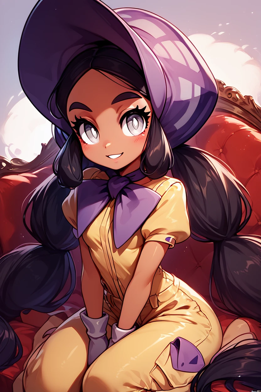 score_9, score_8_up, score_8, medium breasts, (curvy), cute, eyelashes,       ,,, , ,,, zzHapu, grey eyes, black hair, long hair, twintails, very long hair, dark skin, bright pupils, white pupils, gloves, purple bonnet, short sleeves, jumpsuit,   <lora:Hapu_Pokemon_PDXL:1.0>,    ,,,, BREAK, ,,, smile, looking at viewer, blush, blurry, couch, sitting, ,,, shiny skin, <lora:ProAnime_PDXL_v1:0.7>, ,,, embedding:zPDXL, Expressiveh, <lora:SDXLFaeTastic2400:0.5>, <lora:Expressive_H-000001:0.4>,