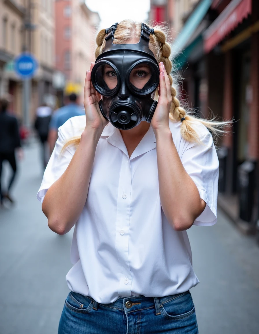 A photo of a 21 year old female wearng a white cotton blouse and tight blue jeans.

Her hands are raised, framing her face.

Her hair is in twin blonde plaits.

She is wearing an S10_Gas_Mask on her face and head. 

The background is a busy street scene.