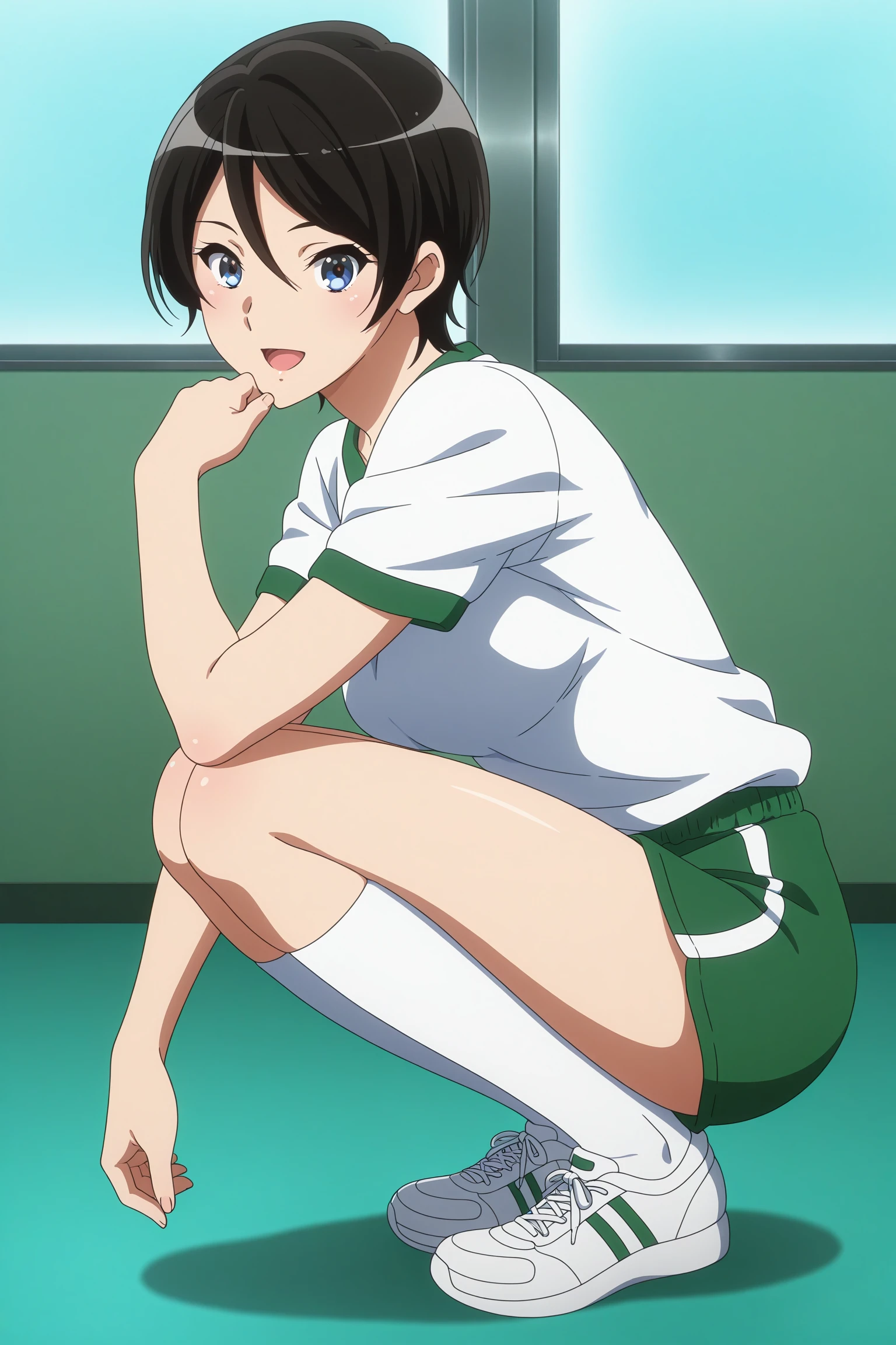 masterpiece, best quality, amazing quality, highres, absurdres, very aesthetic, high resolution, ultra detailed, perfect details, 1girl, solo, indoors, gym, medium breasts, suzuki mirei, short hair, hair between eyes, blue eyes, gym uniform, white shirt, green pants, short shorts, white kneehighs, sneakers, <lora:Mirei_Suzuki_ILXL:0.8>, (aged up:1.4), (full body:1.5), looking at viewer, smile, open mouth, (anime coloring:1.5), (anime screencap:1.5), squatting, (from side:1.5)