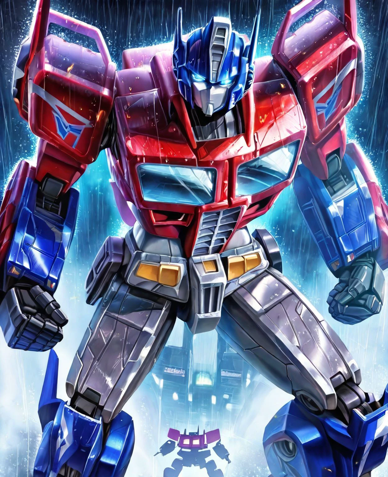 <lora:Sakimichan_Style_-_Illustrious:1>​​​ masterpiece, best quality, amazing quality, very aesthetic, absurdres, volumetric lighting, depth of field BREAK
transformers, optimus prime, close-up, glowing, glowing eyes, gunpla, mecha, model kit, no humans, robot, science fiction, v-fin, dark background, rain, watercolor \(medium\), ((vignetting)), shaded face, depth of field, fog, silhouette, (sparks), jet engine, dynamic pose, motion blur,