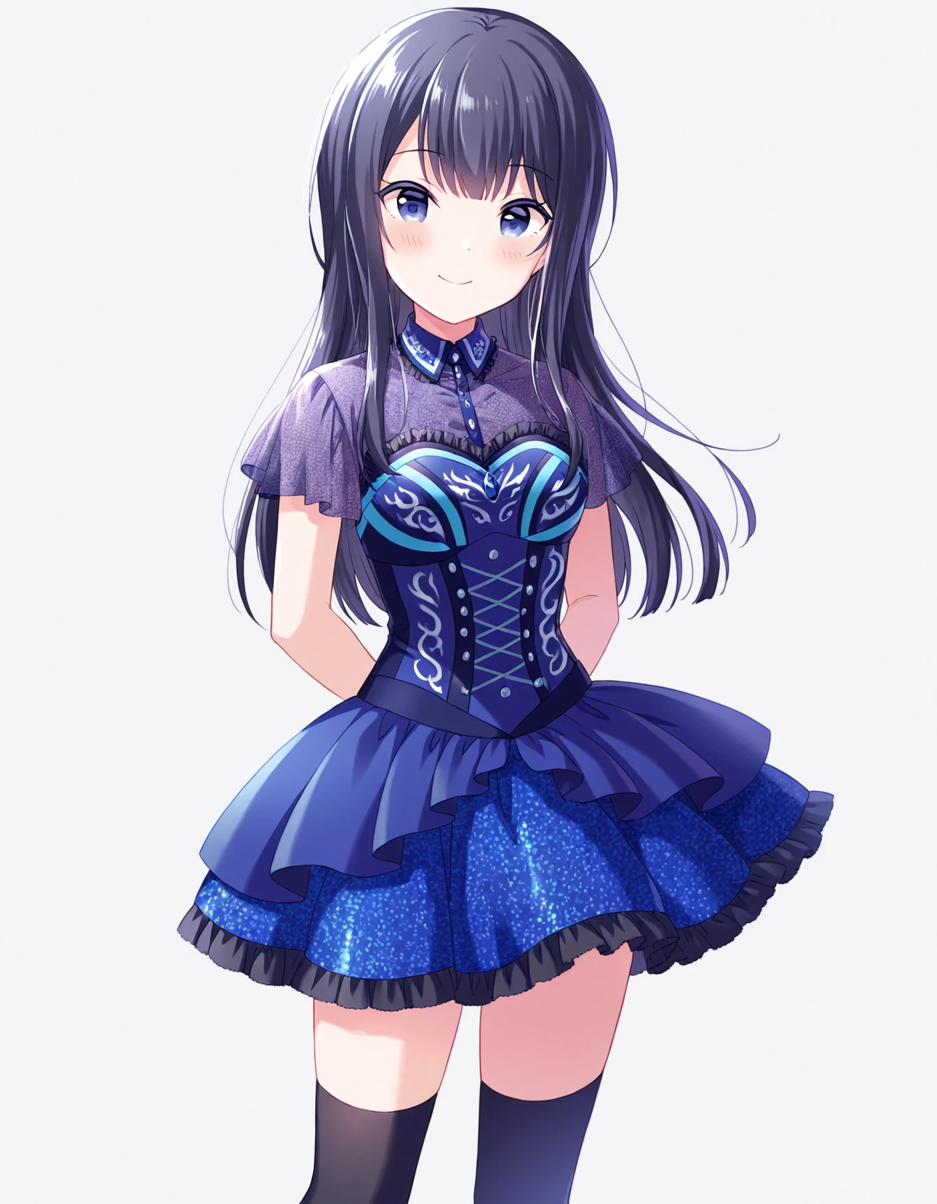 1girl, solo, cowboy shot, nagase kotono, idoly pride, blue idol costume, black thighhighs, standing, arms behind back, looking at viewer, smile, blush, (simple background, white background), BREAK, <lora:iKotono:0.72>,
very aesthetic, high definition, amazing quality, masterpiece, best quality, highres, absurdres, sensitive, newest, anime screenshot, screencap