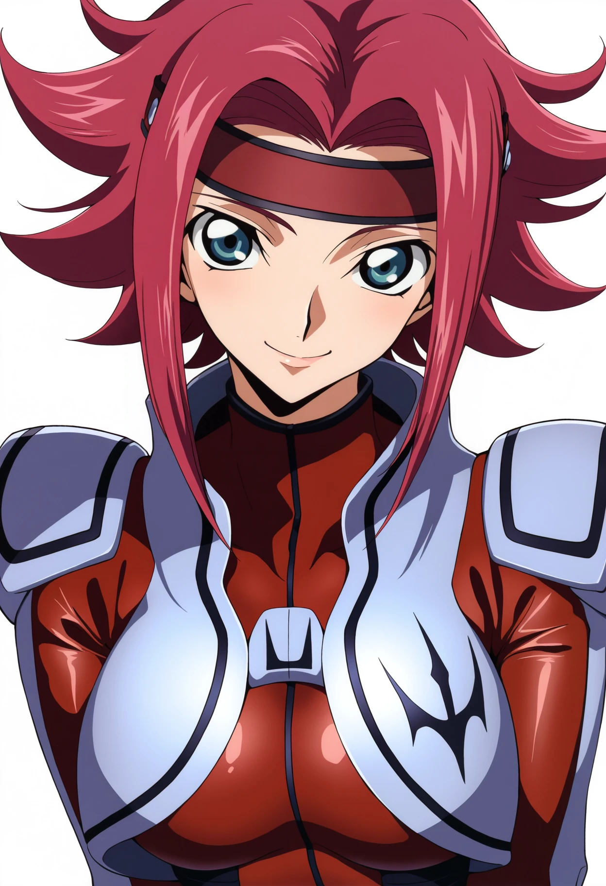 masterpiece, best quality, very aesthetic, absurdres,
1girl, kouzuki kallen, red hair, short hair, blue eyes,
flipped hair, headband,
bodysuit, pilot suit, red bodysuit,
upper body, smile, solo, looking at viewer, simple background, white background, <lora:KallenKouzukiNoobXL_byKonan:1>