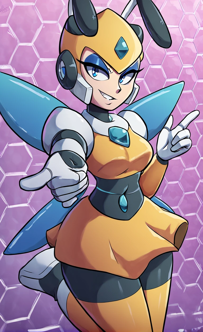 1girl, solo, 
score_6, score_7, score_8, score_9,
masterpiece, best quality, highly detailed,
 <lora:Vesper_Woman_-_Viola:0.8>, female robot, bee lady, skirt, blue eyes, eyeshadow, wings,
pointing at viewer, honeycomb walls,