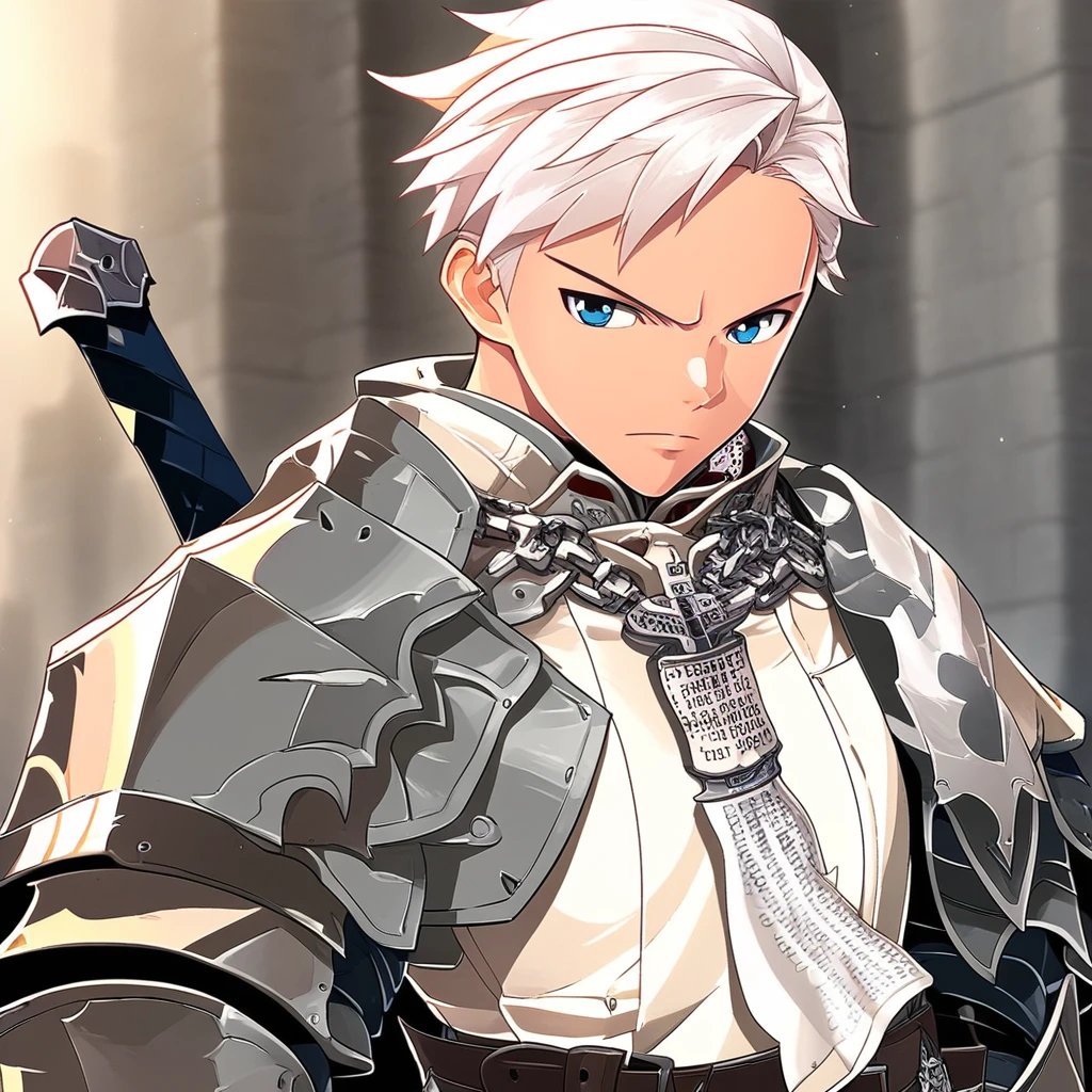 crozet, 1boy, male focus, solo, white hair, short hair, side part, blue eyes, armor, steel pauldrons, white tunic, chain necklace with paper, light skin, steel gauntlets, brown belt, sword on back, high collar