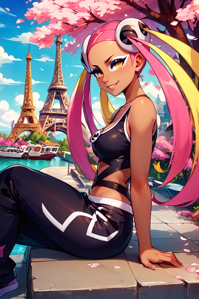 score_9, score_8_up, score_8, medium breasts, (curvy), cute, eyelashes,       ,,, , ,,, zzPlumeria, pink hair, multicolored hair, blonde hair, two-tone hair, long hair, yellow eyes, hair ornament, quad tails, breasts, eyeshadow, skull hair ornament, dark skin, black tank top, eyeshadow, makeup, black baggy pants, tattoo,  <lora:Plumeria_Pokemon_PDXL:1.0>,     ,,,, BREAK, zzEiffelTower in background, sitting, watercraft, boat, sitting on wall, side view, looking at viewer, smile, ,,, BREAK, blooming stars, luminescent petals, otherworldly fragrance blurry background, ,,, embedding:zPDXL, Expressiveh, ,,, <lora:EiffelTowerPDXL:0.8>, <lora:CatalystStylePDXL:0.6>, <lora:SDXLFaeTastic2400:0.5>, <lora:Expressive_H-000001:0.4>,