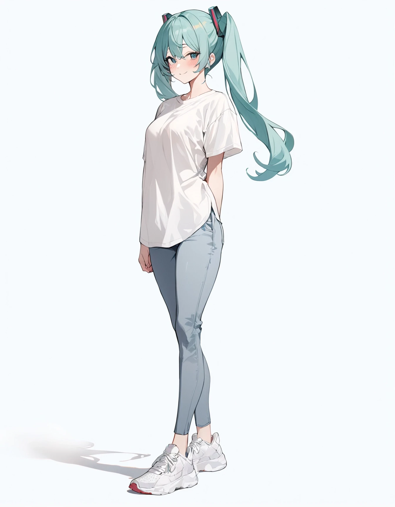 [high quality, best quality, masterpiece], 1girl, solo, full body, hatsune miku, shirt, pants, sneakers, [crossed legs|standing|walking], watson_cross, arms behind back, looking at viewer, smile, blush, (simple background, white background), <lora:watson_cross:0.75>