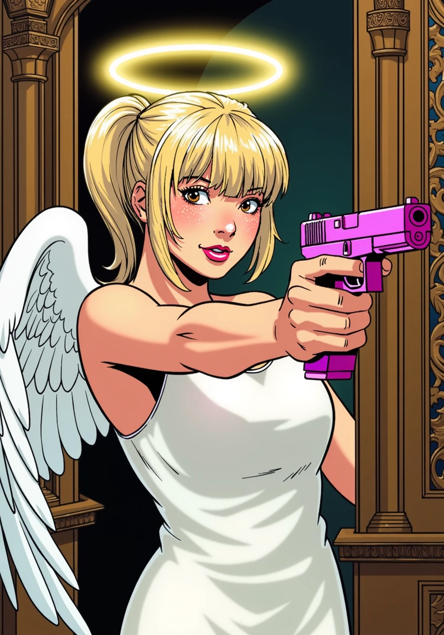 detailed graphic novel illustration of an angel aiming G17Model glock handgun at the viewer, the G17model slide and frame are pink, she had blonde ponytail haircut with bangs and she has white feather wings and a glowing halo over her head and wears a modest sleeveless white dress, inside in ornate church, detailed full coloring<lora:Glock (G17)_epoch_12.safetensors:1:1>