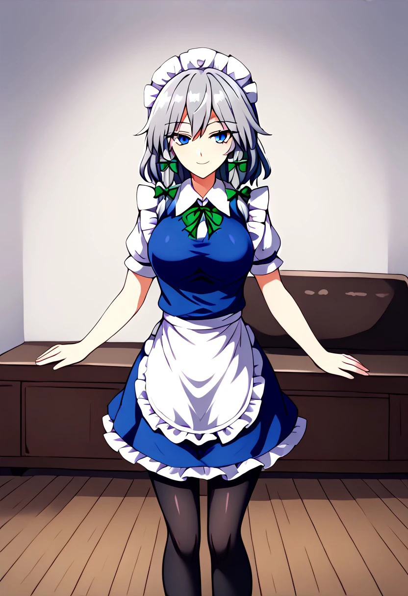 ((ssaf style)), adult, ((Sakuya)), ((Sakuya Izayoi)), ((touhou)), ((grey hair)), medium hair, ((solo)), blue eyes, maid headdress, blue vest, blue skirt, white apron, black pantyhose, bare hands, 1girl, looking at viewer, standing, light smile, ((living room background)), day time.