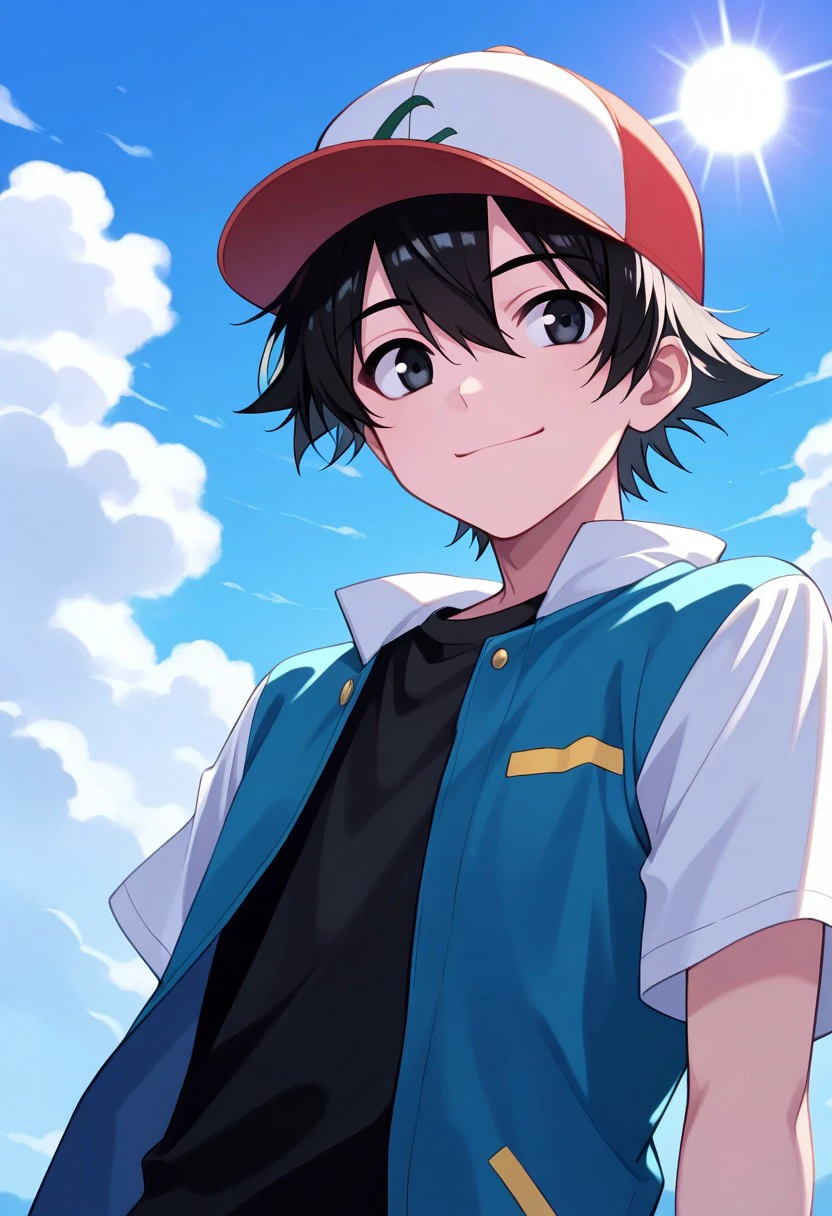 masterpiece, best quality, 
ashpk, 1boy, male focus, solo, black eyes, black hair, hair between eyes, hat, baseball cap, shirt, black shirt, multicolored clothes, multicolored jacket, jacket, blue jacket, white jacket, open jacket, open clothes, short sleeves, smile, 
outdoor, sky, day, sun, clouds,