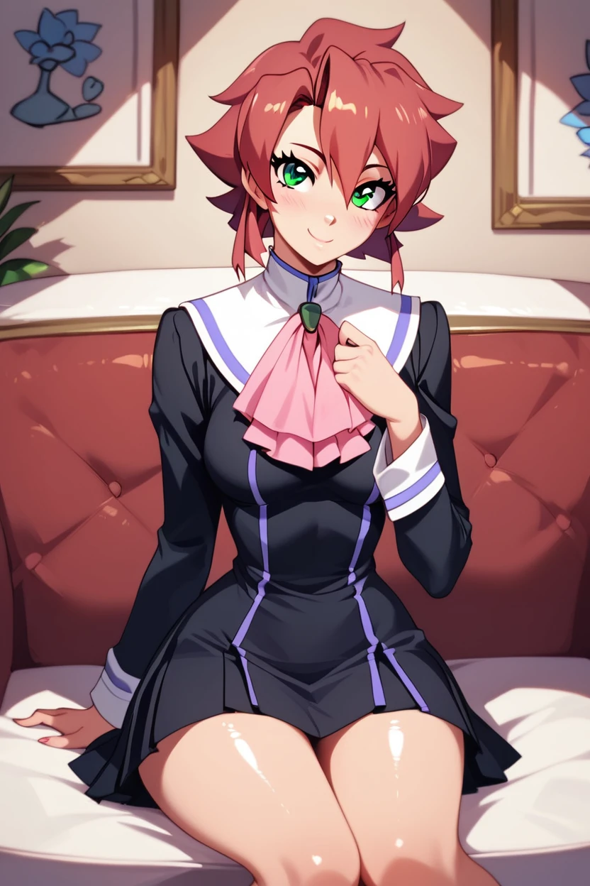 score_9, score_8_up, score_8, medium breasts, (curvy), cute, eyelashes,       ,,, , zzChiaia, 1girl, solo, red hair, short hair, green eyes, black dress, school uniform, ascot, <lora:ChiaiaFlanTenchi_PDXL:1.0>,,,, BREAK, ,,, smile, looking at viewer, blush, blurry, couch, sitting, ,,, shiny skin, <lora:ProAnime_PDXL_v1:0.7>, ,,, embedding:zPDXL, Expressiveh, <lora:SDXLFaeTastic2400:0.5>, <lora:Expressive_H-000001:0.4>,