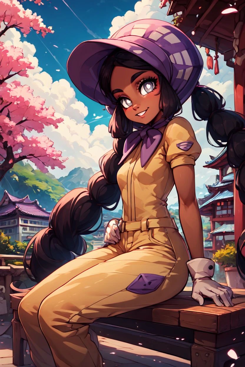 score_9, score_8_up, score_8, medium breasts, (curvy), cute, eyelashes,       ,,, , ,,, zzHapu, grey eyes, black hair, long hair, twintails, very long hair, dark skin, bright pupils, white pupils, gloves, purple bonnet, short sleeves, jumpsuit,   <lora:Hapu_Pokemon_PDXL:1.0>,    ,,,, BREAK, sitting on bench, side view, smile, looking at viewer, cowboy shot,  ,,, BREAK, pnkBldng, sky, day, cloud, tree, blue sky, building, architecture, east asian architecture,  ,,, BREAK, embedding:zPDXL, Expressiveh,  ,,, <lora:PinkBuildingsPDXL_v2:0.6>, <lora:SDXLFaeTastic2400:0.5>, <lora:Expressive_H-000001:0.4>