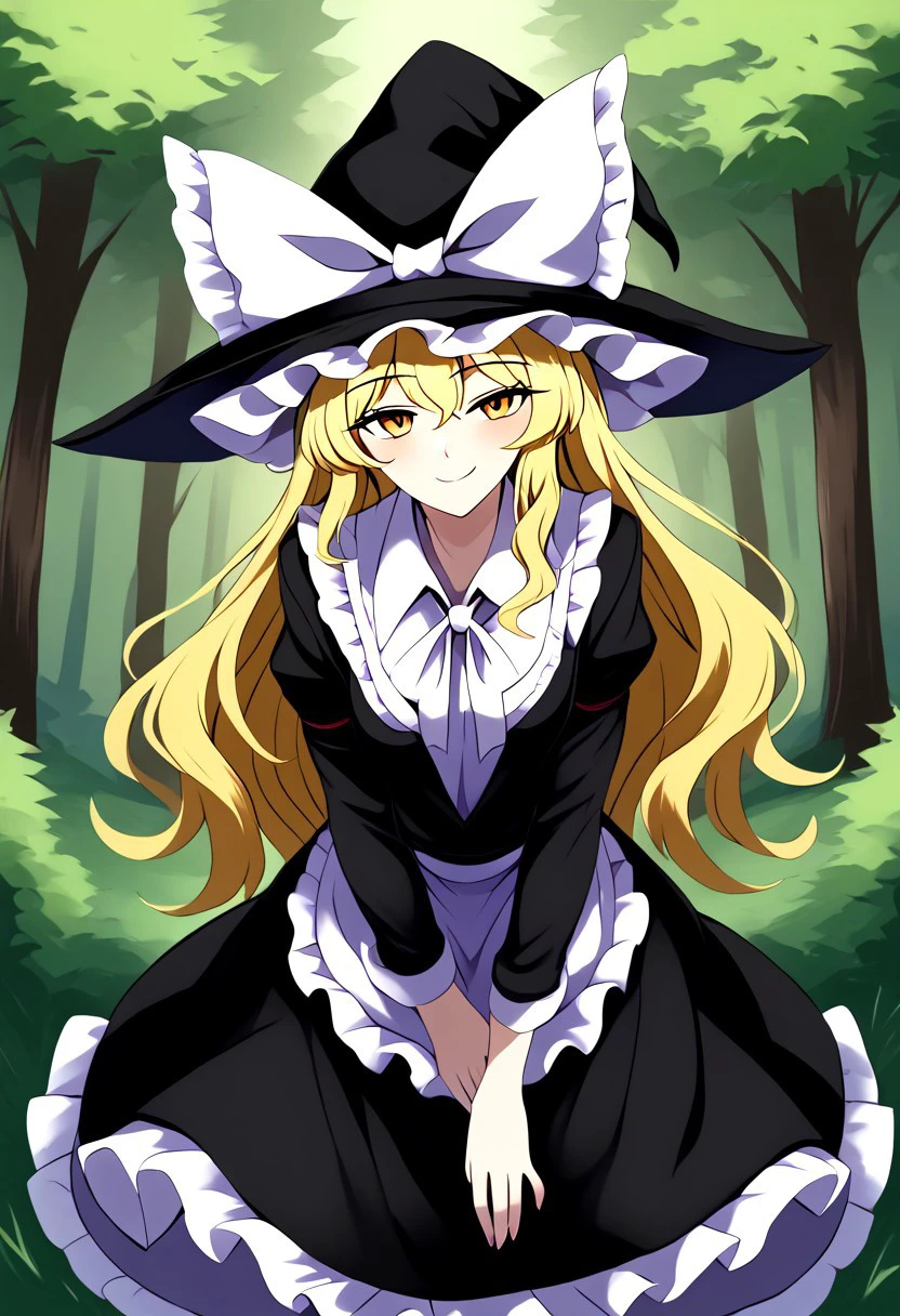 ((ssaf style)), adult, ((Marisa)), ((Marisa Kirisame)), ((touhou)), ((blonde hair)), long hair, witch hat, black hat, white bow, white apron, ((solo)), yellow, eyes, black clothes, black long skirt, 1girl, looking at viewer, posing, smirk, ((forest background)), day time.