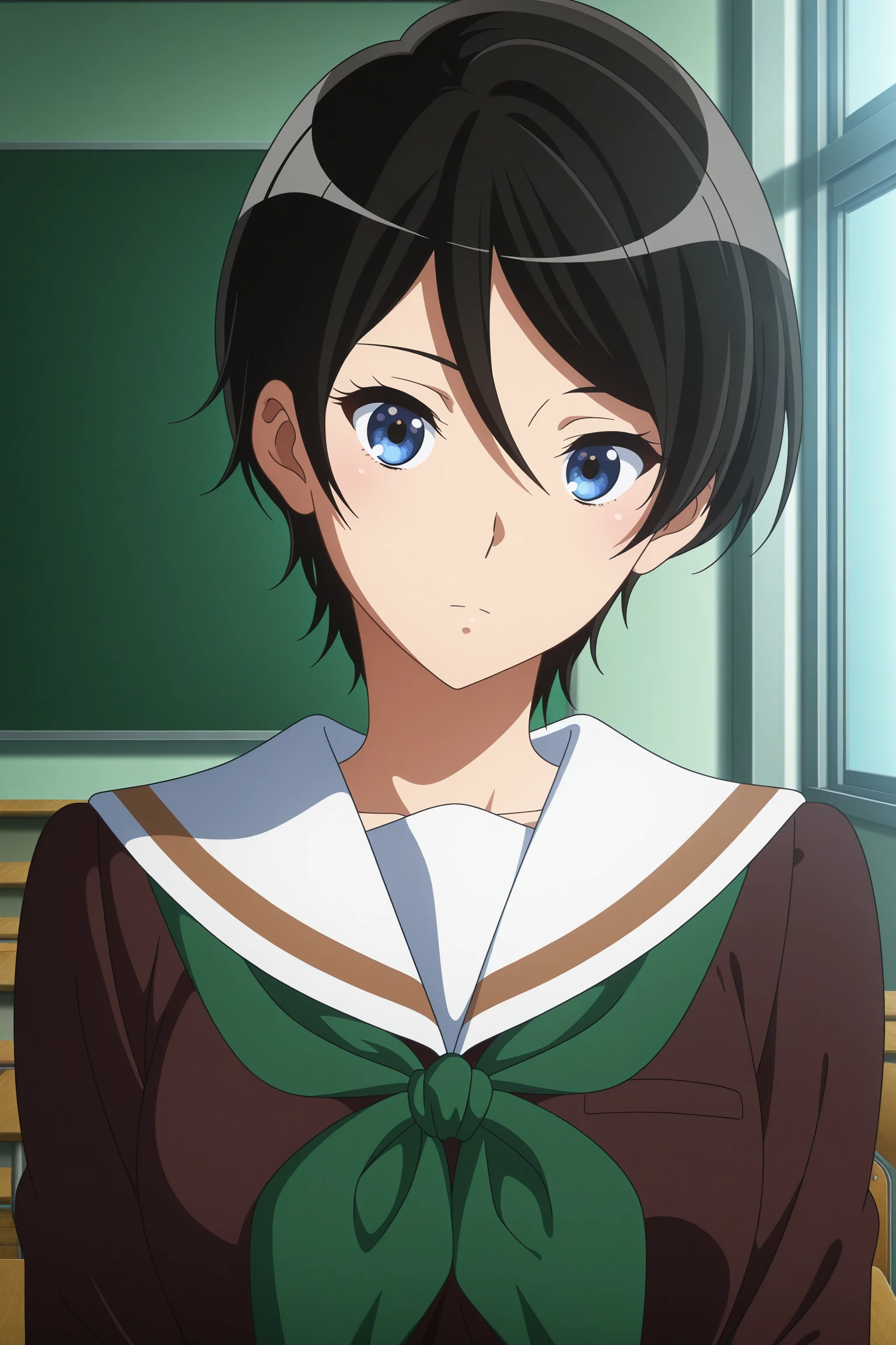 masterpiece, best quality, amazing quality, highres, absurdres, very aesthetic, high resolution, ultra detailed, perfect details, 1girl, solo, indoors, classroom, medium breasts, suzuki mirei, short hair, hair between eyes, blue eyes, school uniform, serafuku, brown uniform, white sailor collar, green neckerchief, long sleeves, white sleeves end, brown skirt, pleated skirt, black kneehighs, loafers, <lora:Mirei_Suzuki_ILXL:0.8>, (aged up:1.4), (upper body:1.5), looking at viewer, (anime coloring:2), (anime screencap:2), expressionless, head tilt