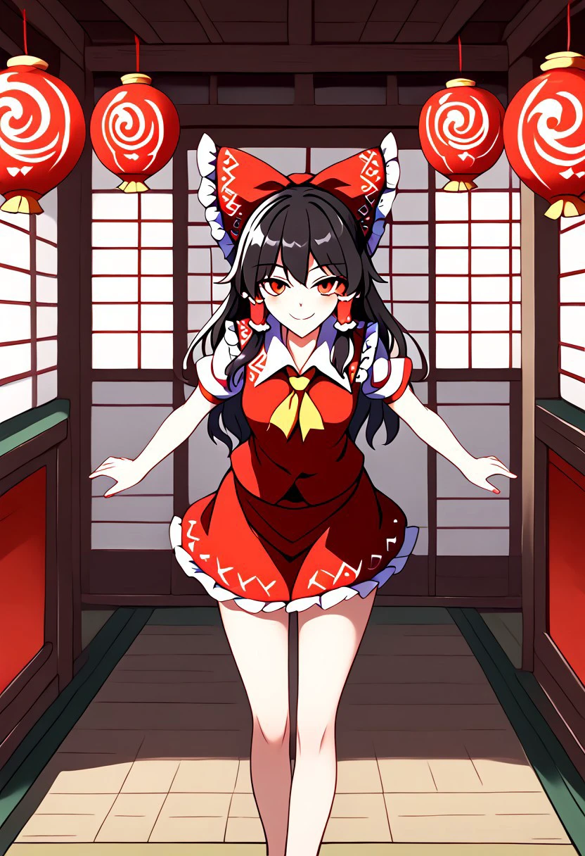 ((ssaf style)), adult, ((Reimu)), ((Reimu Hakurei)), ((touhou)), ((black hair)), long hair, red bow, solo, red eyes, red vest, red skirt, bare legs, bare hands, frill, 1girl, looking at viewer, standing, light smile, ((Japanese shrine background)), day time.