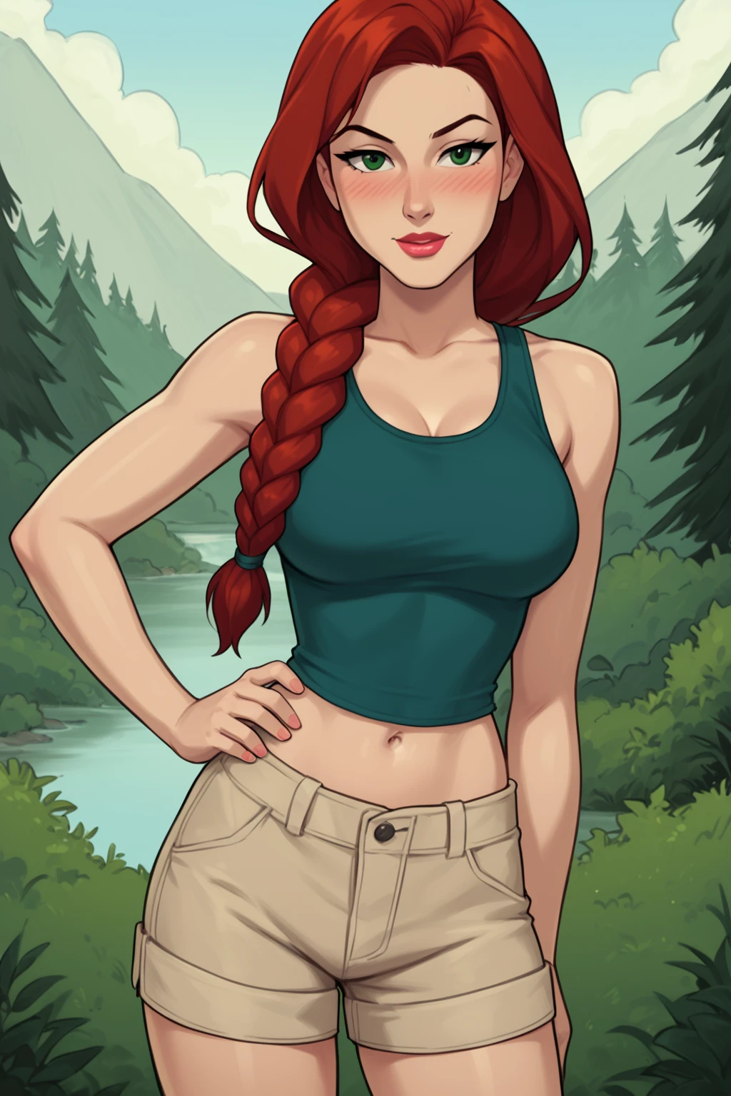 PonyXLV6_Scores BREAK <lora:add_details_xl:0.8>, (((parody:1.2)), perfect anatomy, perfect eyes, cowboy shot) BREAK <lora:Jean_Grey:0.8> jean grey, red hair, long hair, braided ponytail, green eyes, flirting, raised eyebrow, blushing, lipstick, ((looking at viewer)), tank top, sleeveless, navel, midriff, shorts, large breasts, curvy, toned, athletic, seductive pose, showing off her body, outdoors, hiking