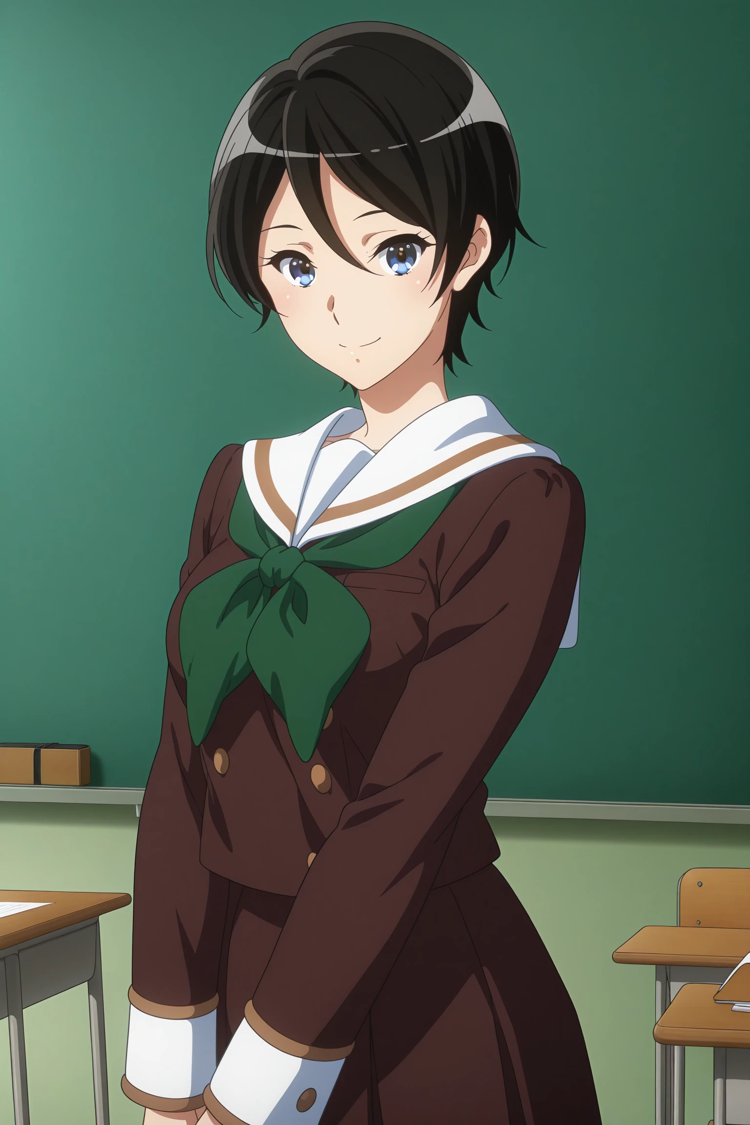 masterpiece, best quality, amazing quality, highres, absurdres, very aesthetic, high resolution, ultra detailed, perfect details, 1girl, solo, indoors, classroom, medium breasts, suzuki mirei, short hair, hair between eyes, blue eyes, school uniform, serafuku, brown uniform, white sailor collar, green neckerchief, long sleeves, white sleeves end, brown skirt, pleated skirt, black kneehighs, loafers, <lora:Mirei_Suzuki_ILXL:1>, (aged up:1.4), (cowboy shot:1.5), looking at viewer, smile, (pose:1.5)