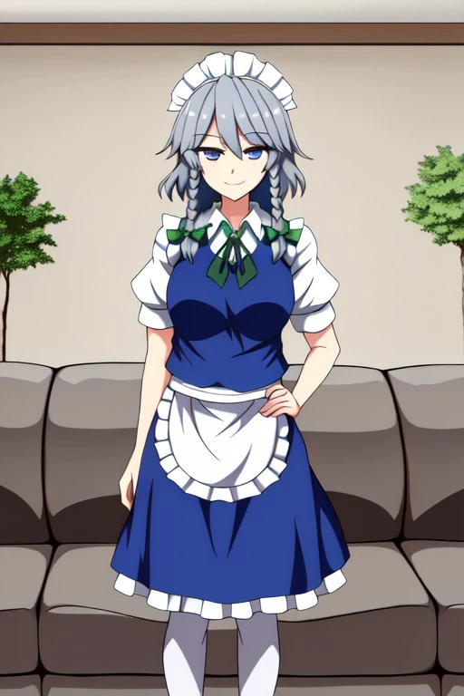 ((ssaf style)), adult, ((Sakuya)), ((Sakuya Izayoi)), ((touhou)), ((grey hair)), medium hair, ((solo)), blue eyes, maid headdress, blue vest, blue skirt, white apron, black pantyhose, bare hands, 1girl, looking at viewer, standing, light smile, ((living room background)), day time.