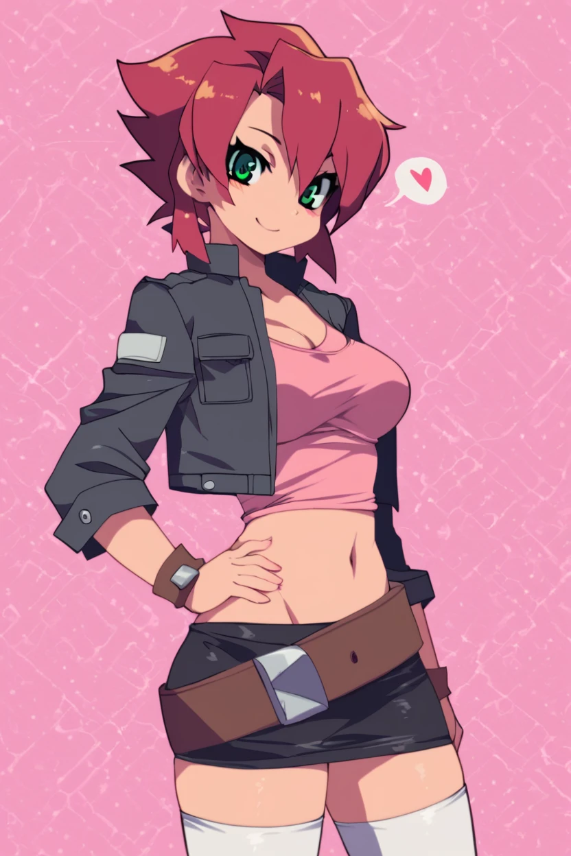 score_9, score_8_up, score_8, medium breasts, (curvy), cute, eyelashes,       ,,, , zzChiaia, 1girl, solo, red hair, short hair, green eyes, pink shirt, black skirt, white thighhighs, jacket, cropped jacket, belt,<lora:ChiaiaFlanTenchi_PDXL:1.0>,,,, BREAK, smile, looking at viewer, cowboy shot, ,,, embedding:zPDXL, Expressiveh, ,,, <lora:Zankuro_Style_PDXL:0.8> <lora:SDXLFaeTastic2400:0.5>, <lora:Expressive_H-000001:0.4>,