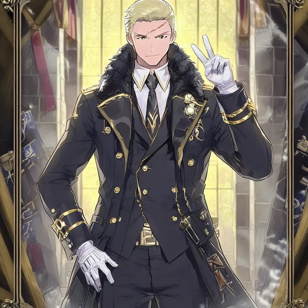 eligos, 1boy, male focus, partial portrait, hand up, peace sign, smiling, solo, very short blond hair, neatly combed, forehead scars, serious expression, mature, standing, black overcoat trench coat with black fur neck trim, black mantle trimmed with gold, black suit vest with gold buttons, button up collared white shirt, black and gold tie, black slacks, gold belt buckle, white gloves