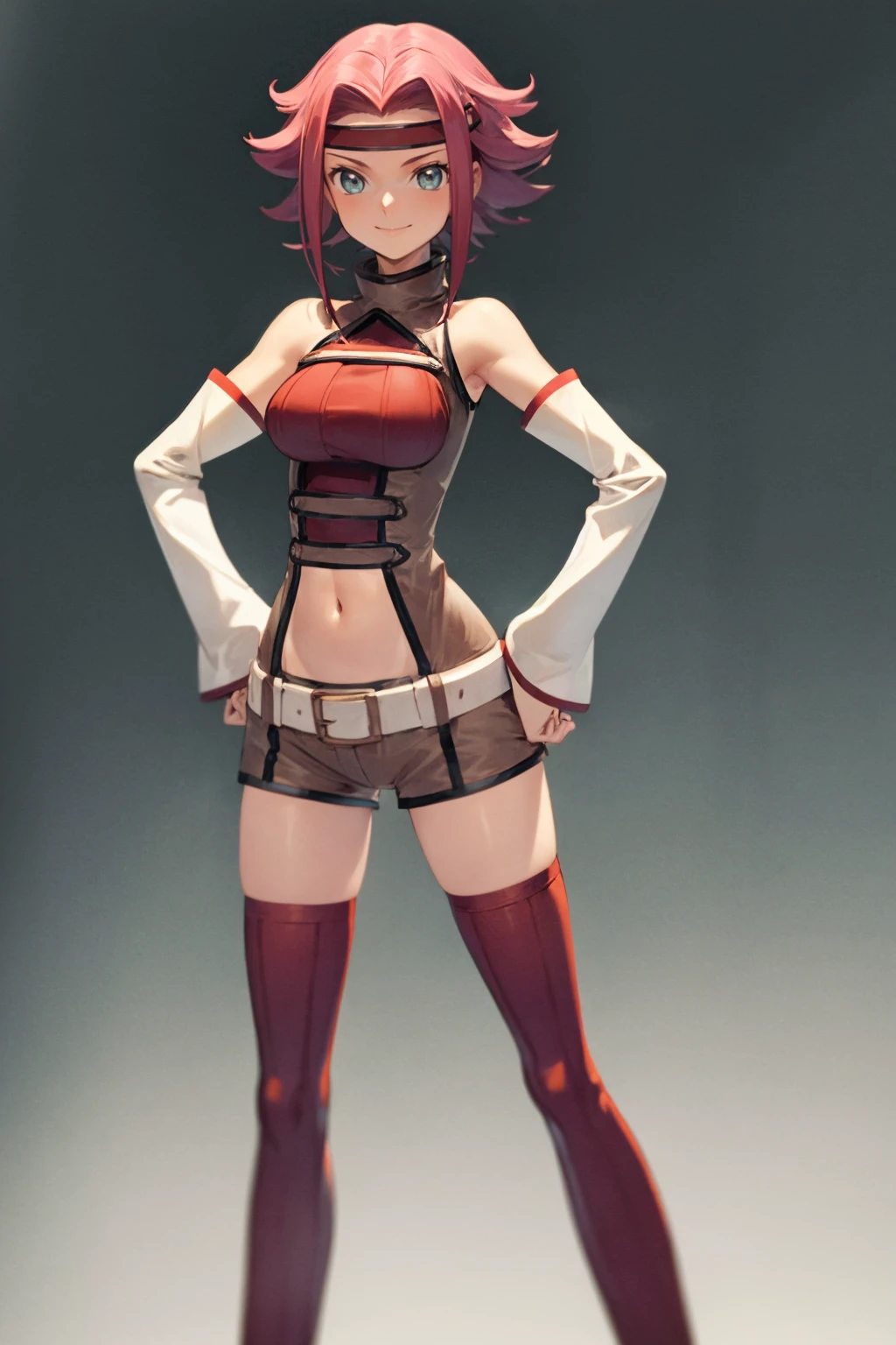 masterpiece, best quality,
1girl, kouzuki kallen, red hair, short hair, blue eyes, 
flipped hair, headband, 
resistance outfit, bare shoulders, detached sleeves, midriff, navel,  shorts, sleeveless, thighhighs, turtleneck, 
hands on hips,
full body, standing, smile, solo, looking at viewer, simple background, white background    <lora:KallenKouzuki_byKonan:1>