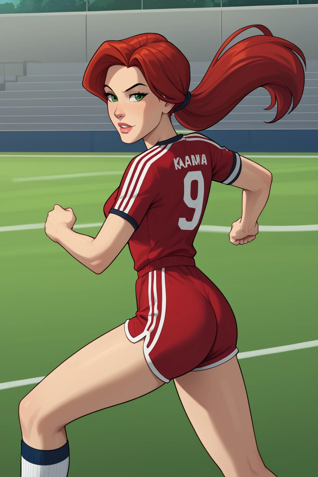 PonyXLV6_Scores BREAK <lora:add_details_xl:0.8>, ((parody), perfect anatomy, perfect eyes) BREAK <lora:Jean_Grey:0.8> jean grey, red hair, long hair, green eyes, flirting, raised eyebrow, ((looking back at viewer)), ponytail, red sportswear, soccer uniform, shorts, curvy, toned, athletic, running, kicking, soccer ball, outdoors